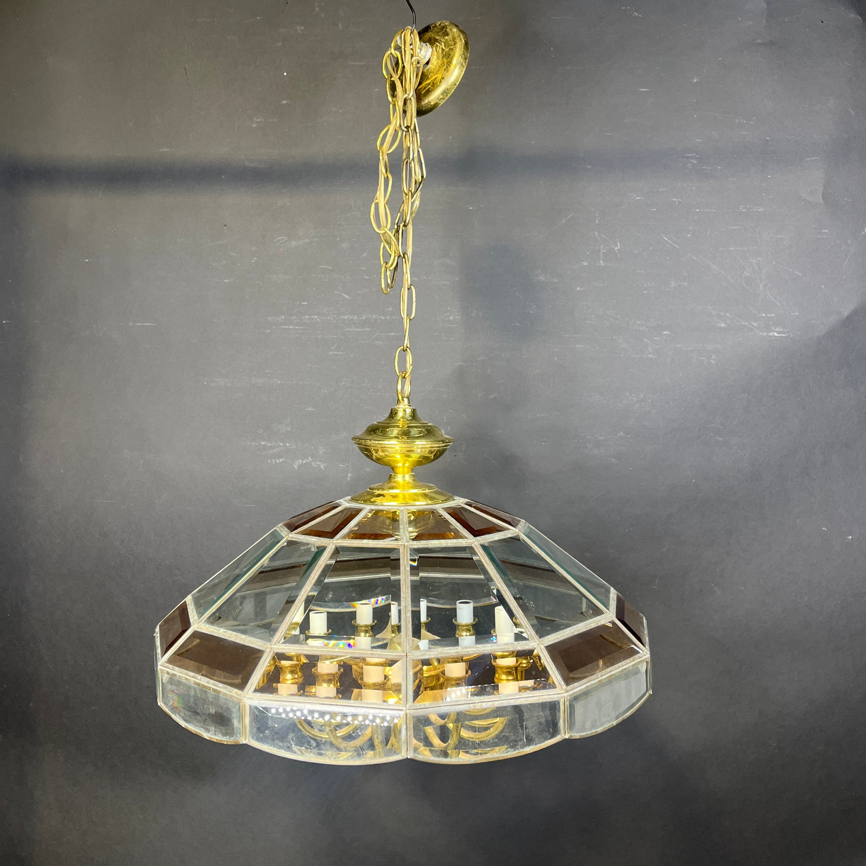 Vintage 12-Light 2-Tone Beveled Glass and Brass Ceiling Pendant 23.5” Diameter x 54”