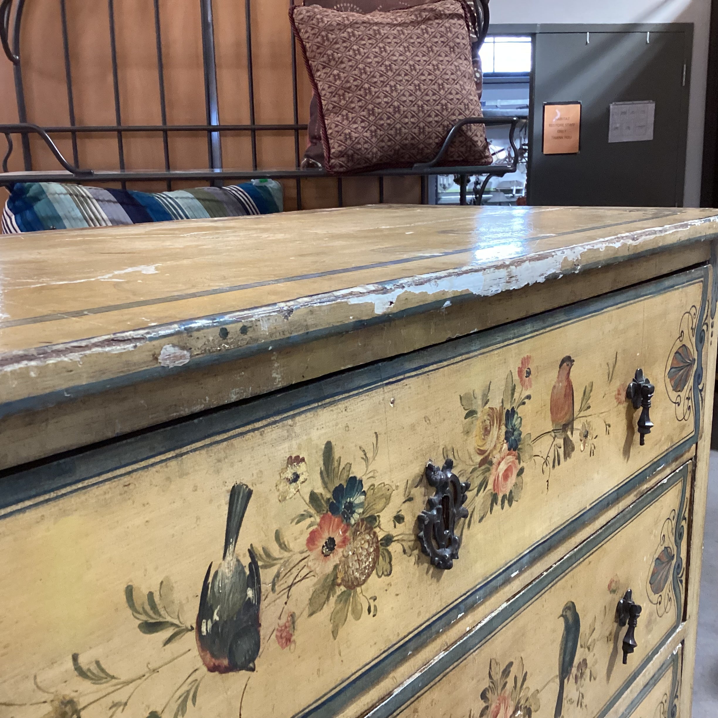 Antique Spindle Leg Hand Painted Bird & Floral 3 Drawer Chest 42"x 19"x 55"