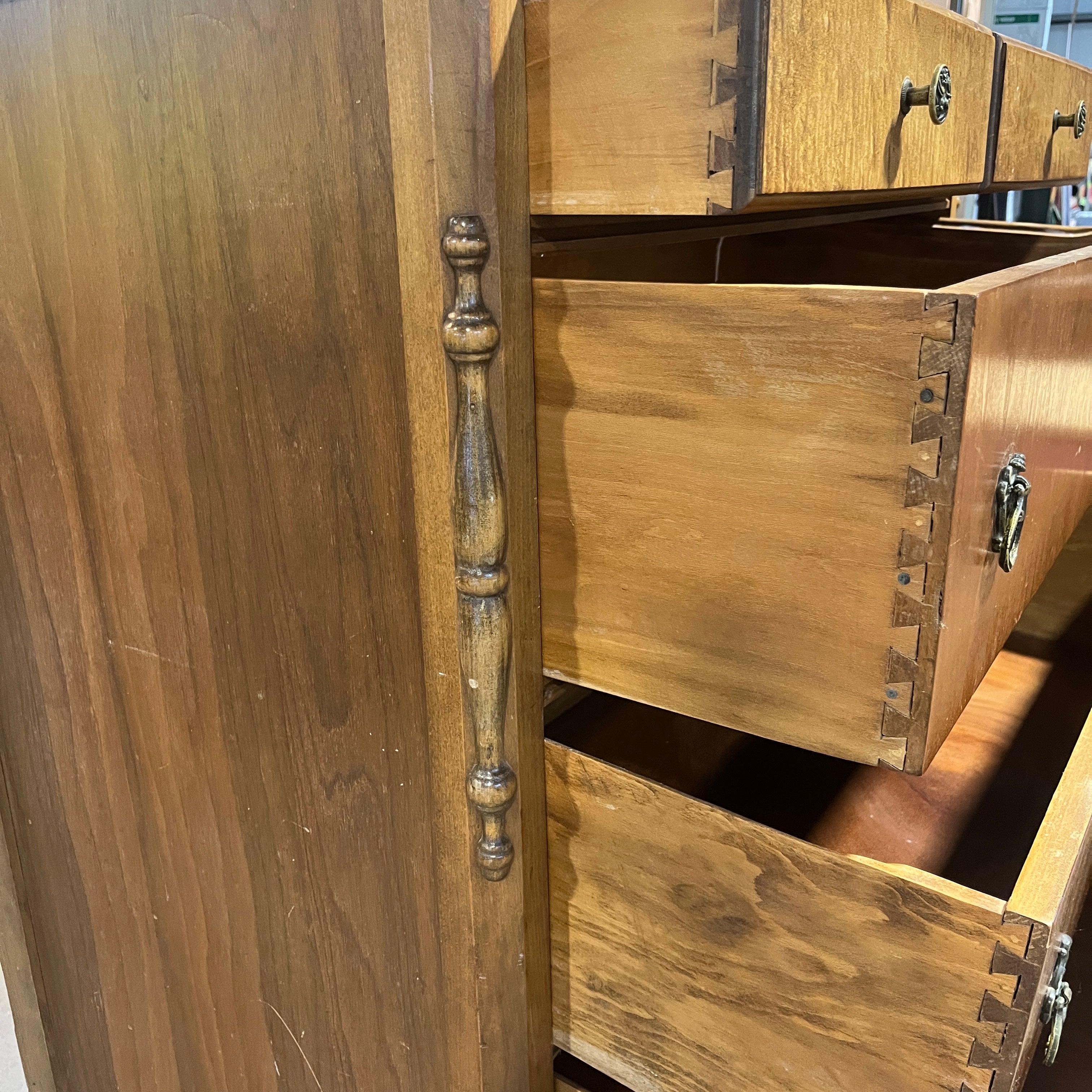 Antique 2 Tone Solid Wood 5 Drawer on Casters Tall Boy Dresser 34"x 20"x 46"