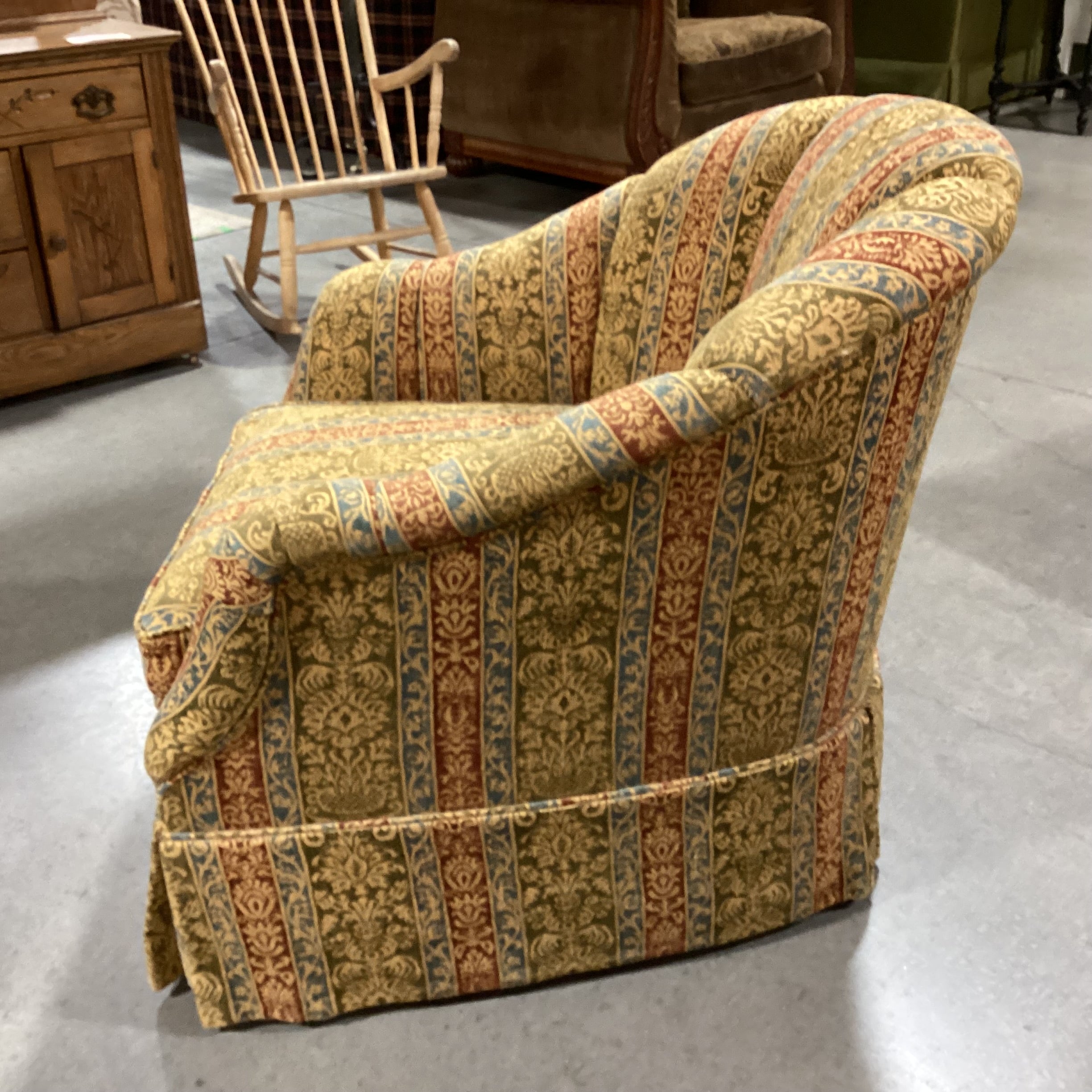 Custom Gold Sage Blue Rust Ornate Woven Ribbon Floral Scallop Back on Casters Chair 33"x 34"x 33"
