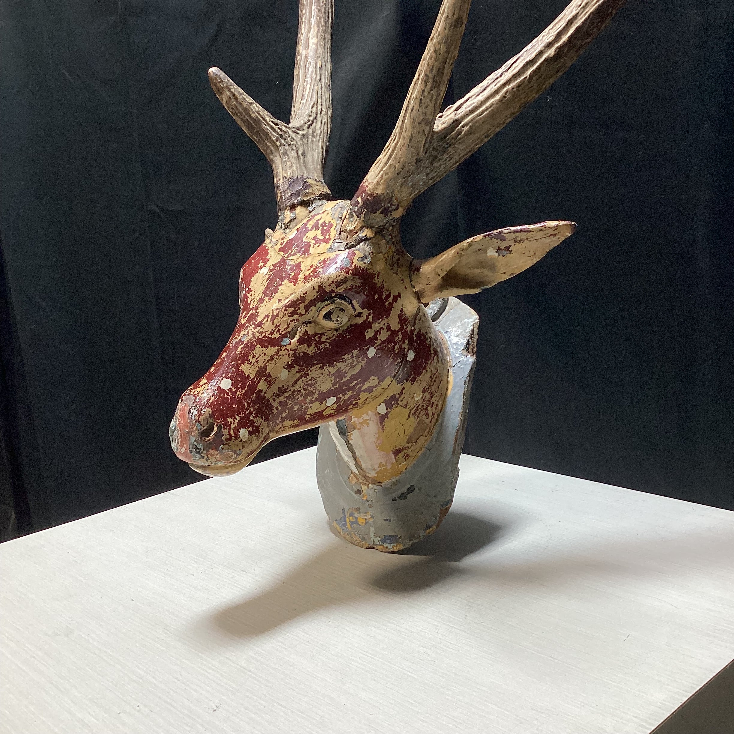Antique - Vintage Carved Wood Deer Head With Real Antlers 14" x 28"