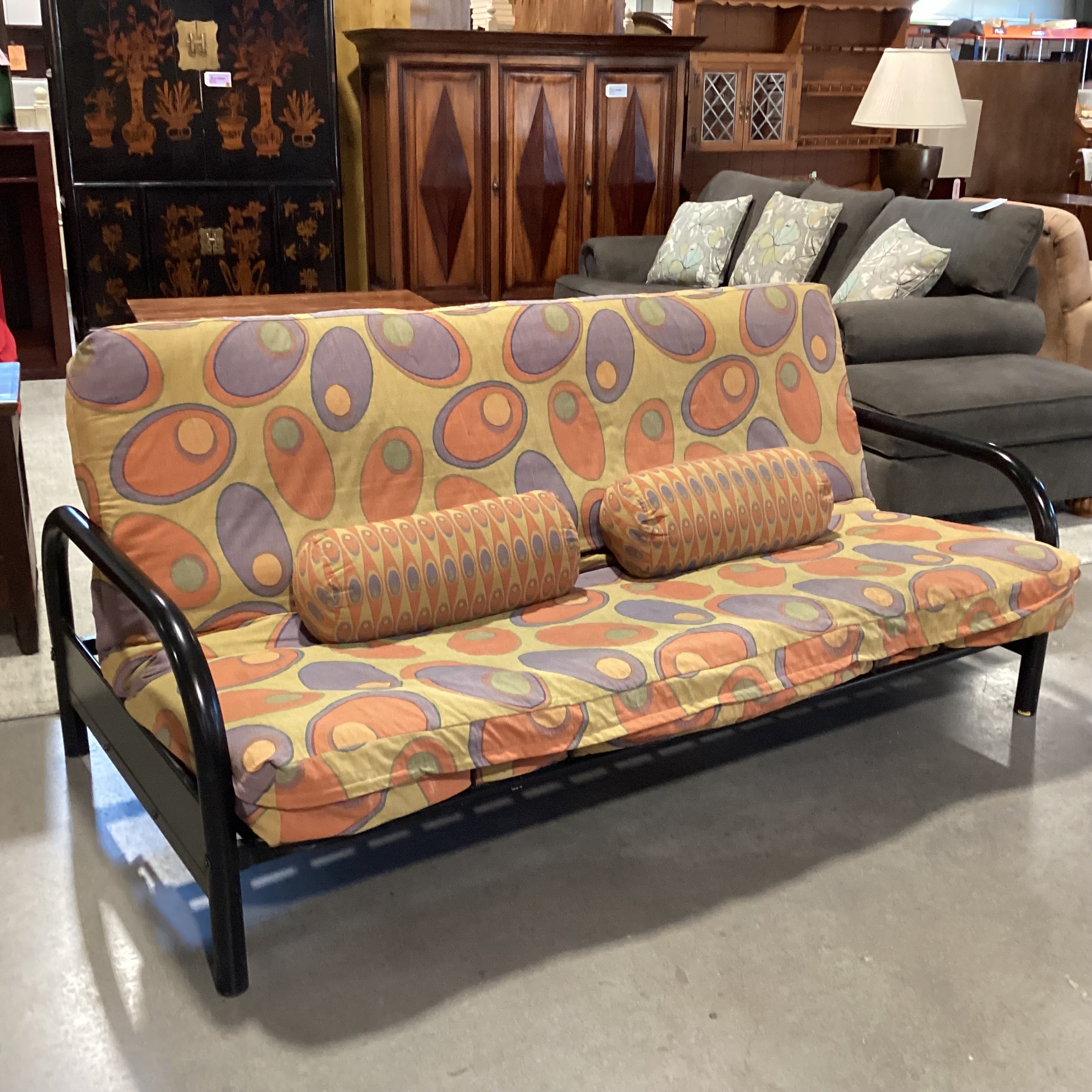 Gold Orange & Purple Circle Design Cushion & Black Metal Futon Sofa 79"x 44" to 56"x 38"