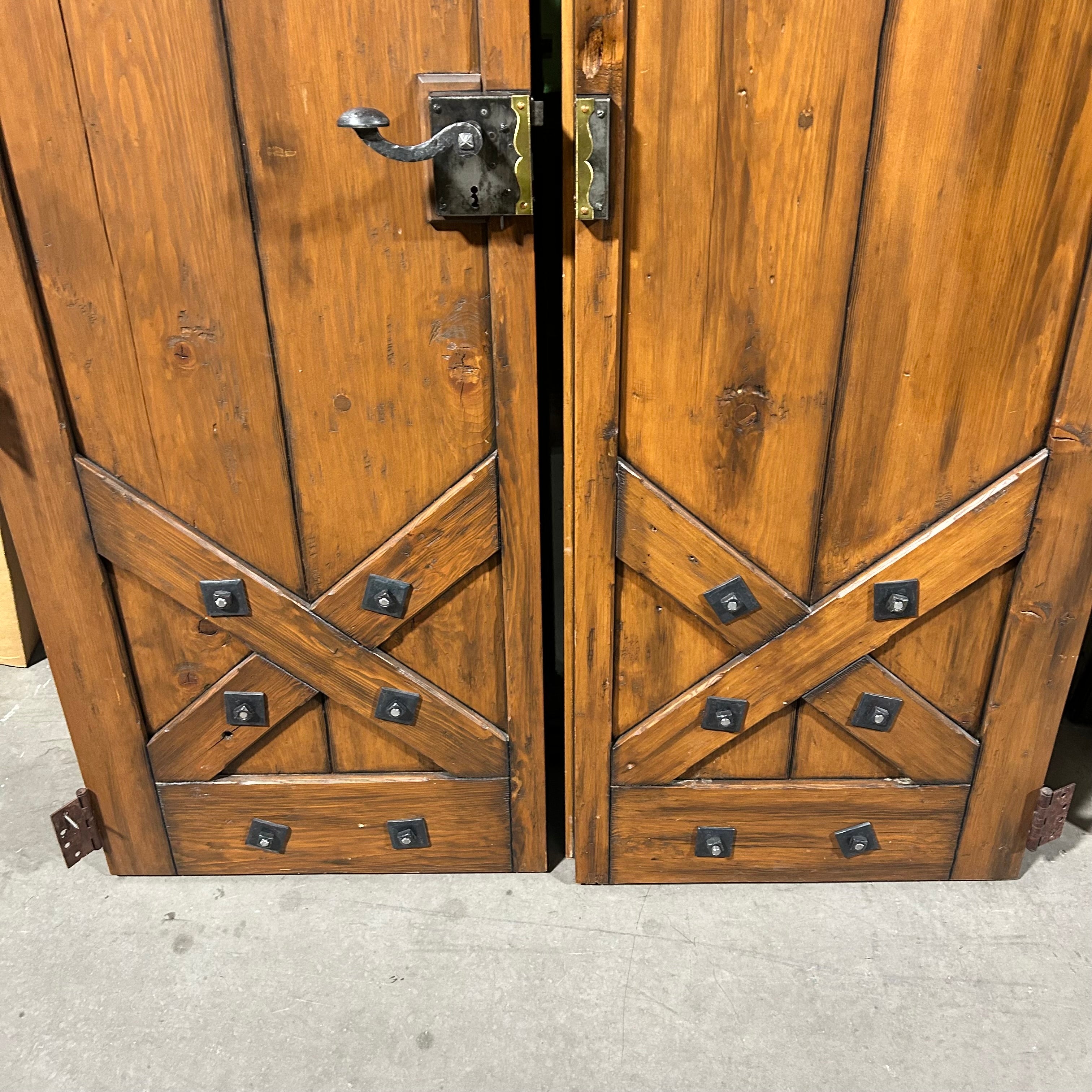 25.5"x 86.5"x 2" PAIR of Rustic Pine Closet Doors with Iron Hardware Accents