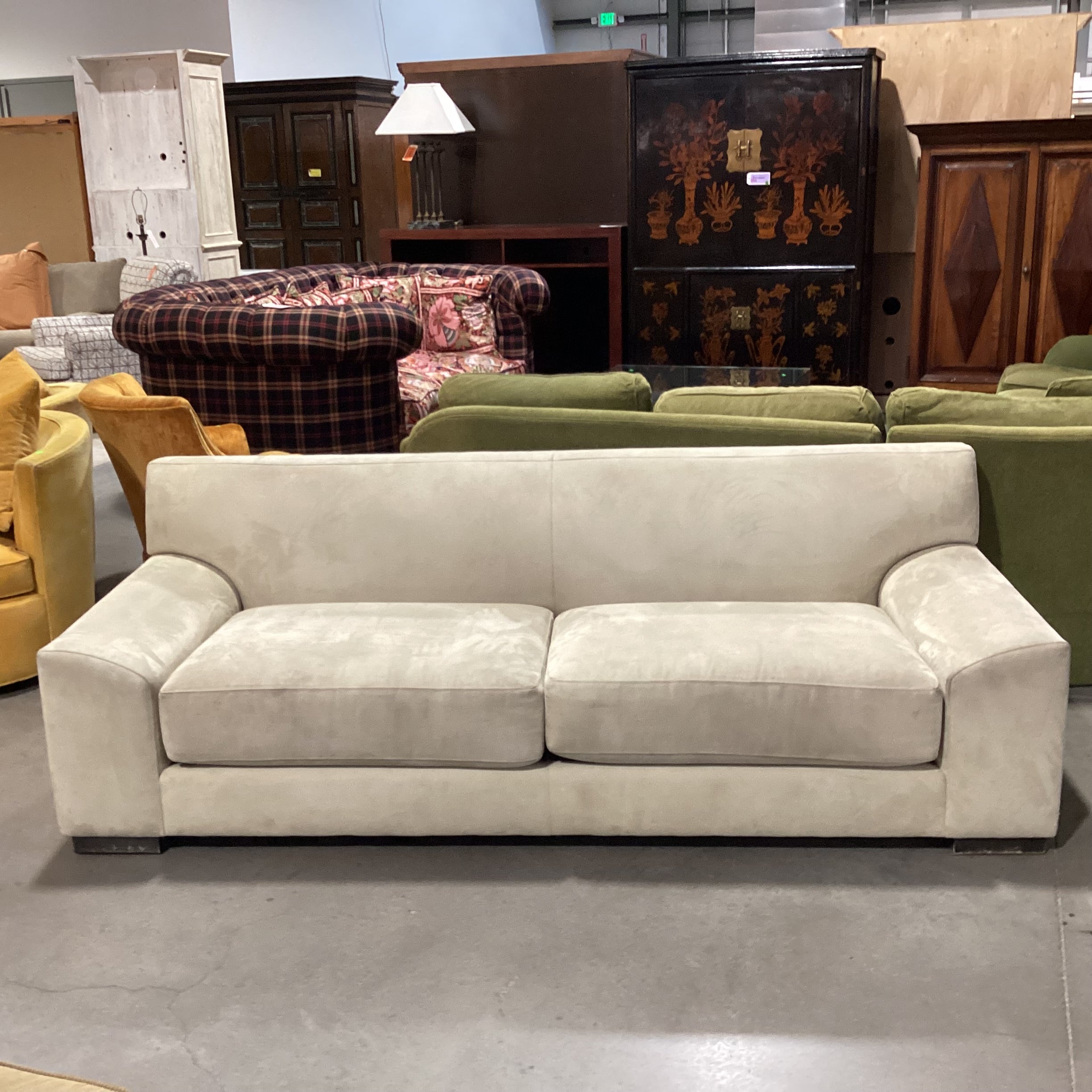 Custom Beige Ultra Suede Low Profile Modern Sofa 87"x 37"x 29.5"