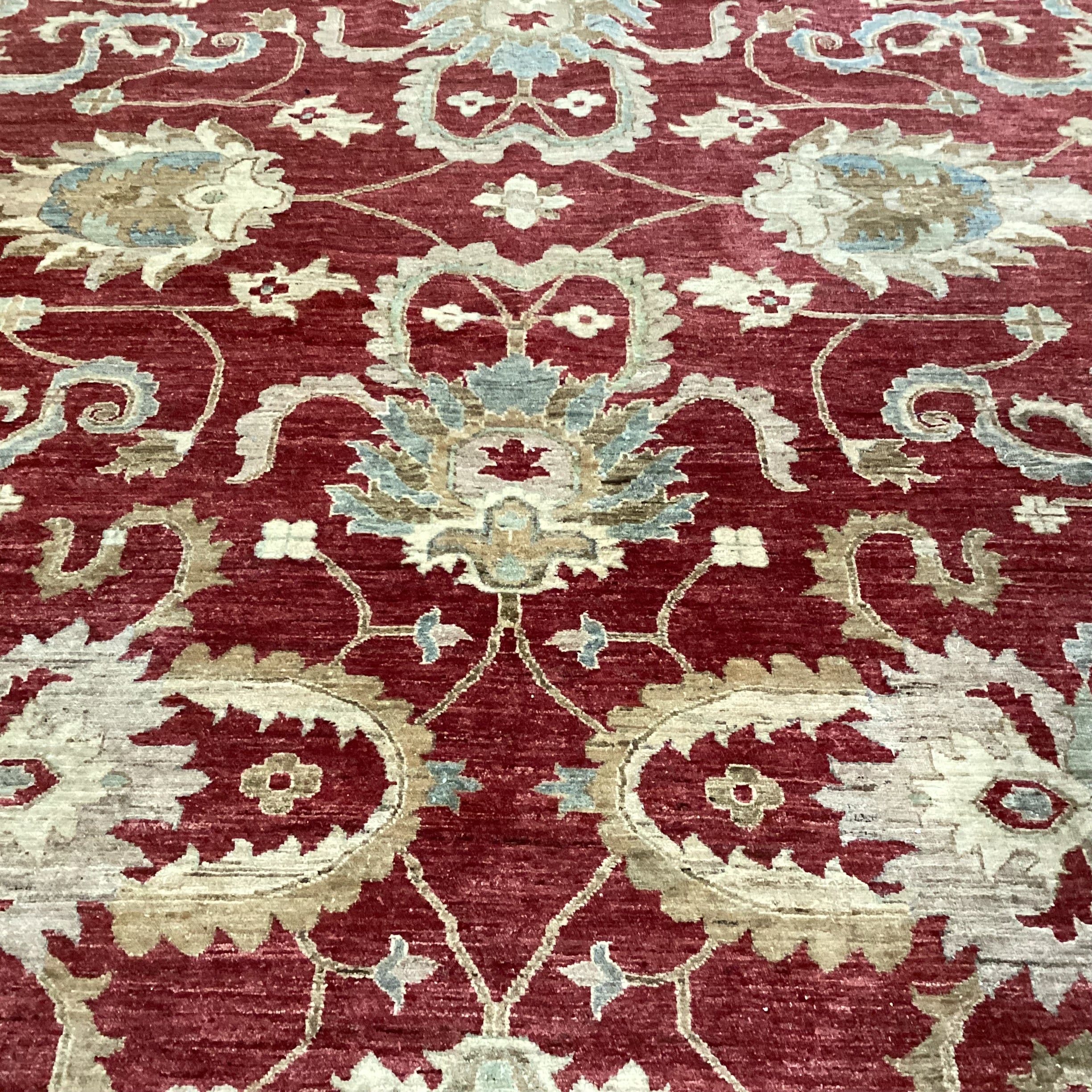 Red Cream Pastel Greens Handwoven Wool Rug 11'4" x 14'10"