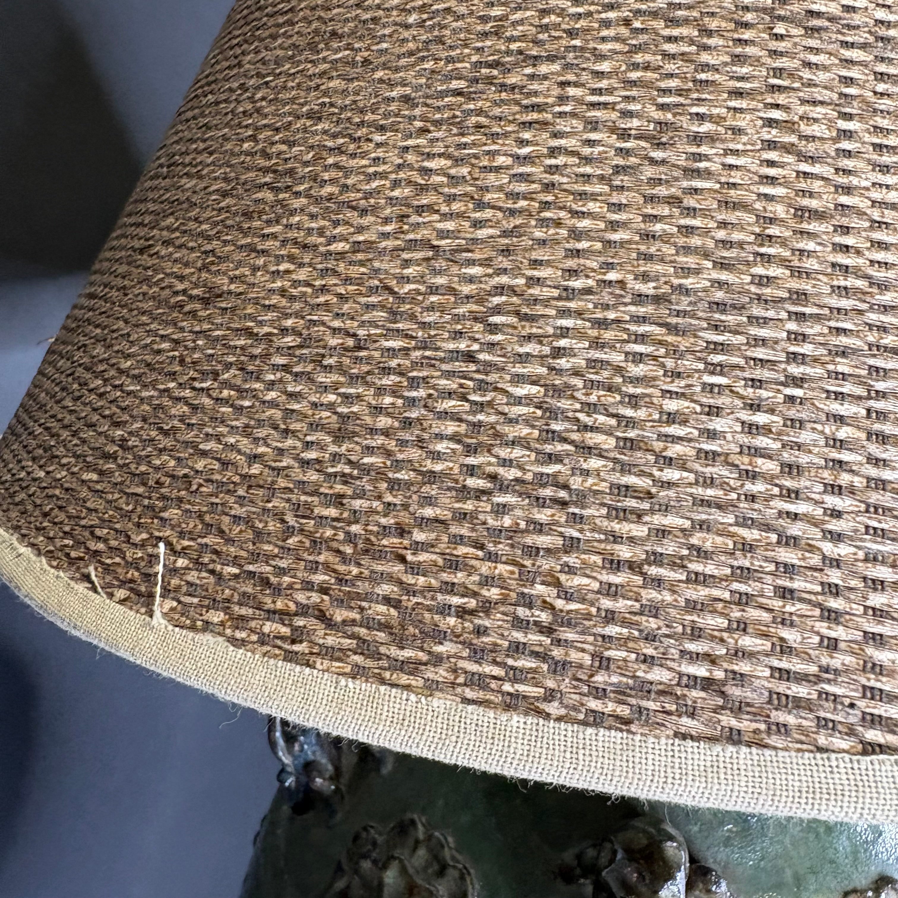 Oriental Ornate Green and Brown Glazed Ceramic Jug with Shade Table Lamp 18” Diameter @ Shade x 29”