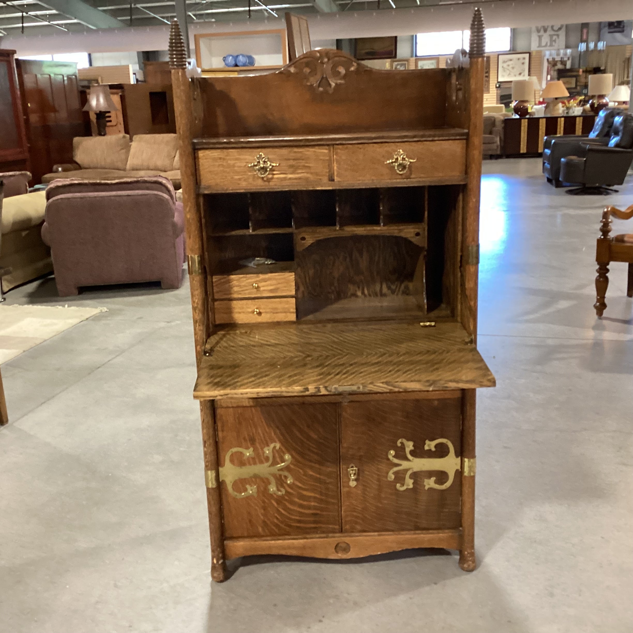 Antique Finished Quarter Sawn Oak with New Brass Embellishments Secretary Desk 29"x 14"x 58.5"