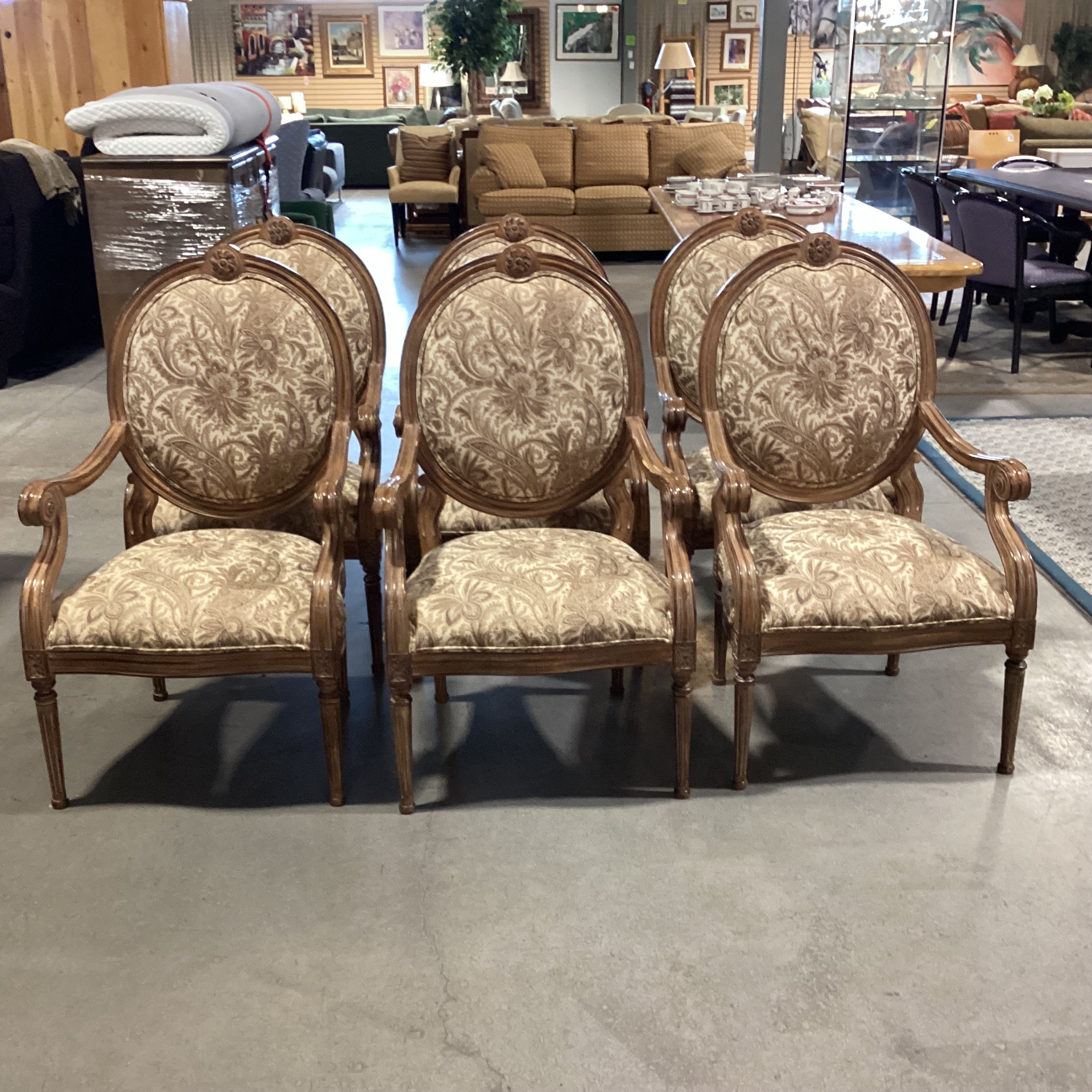 Set of 6 Kreiss Ivory Taupe & Gold Oval Back & Carved Wood Dining Chair 25"x 25"x 42"