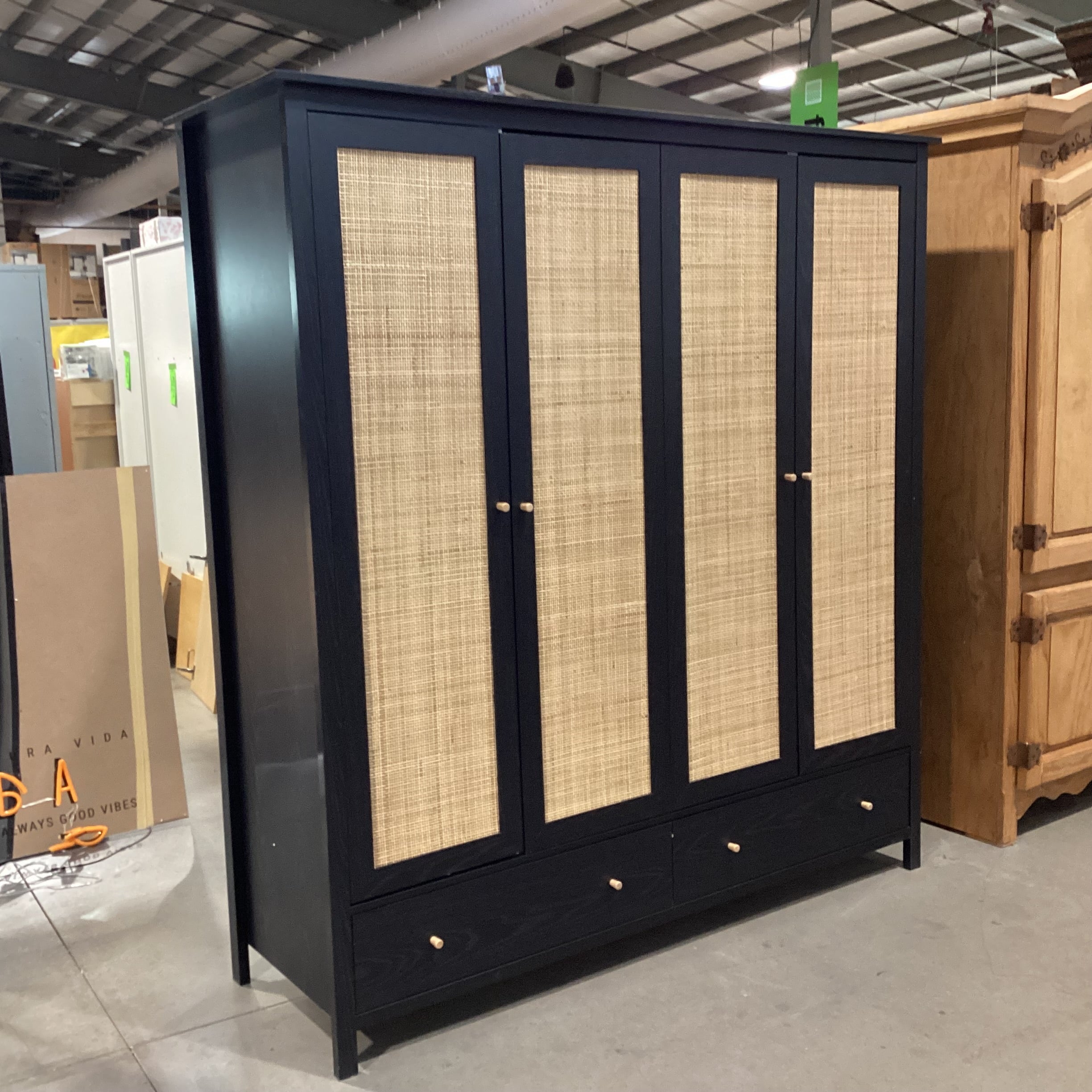 Ebony Finished Wood Style Laminate Veneer Rattan Woven 4 Door 2 Drawer Wardrobe Armoire 68"x 22"x 72.5"