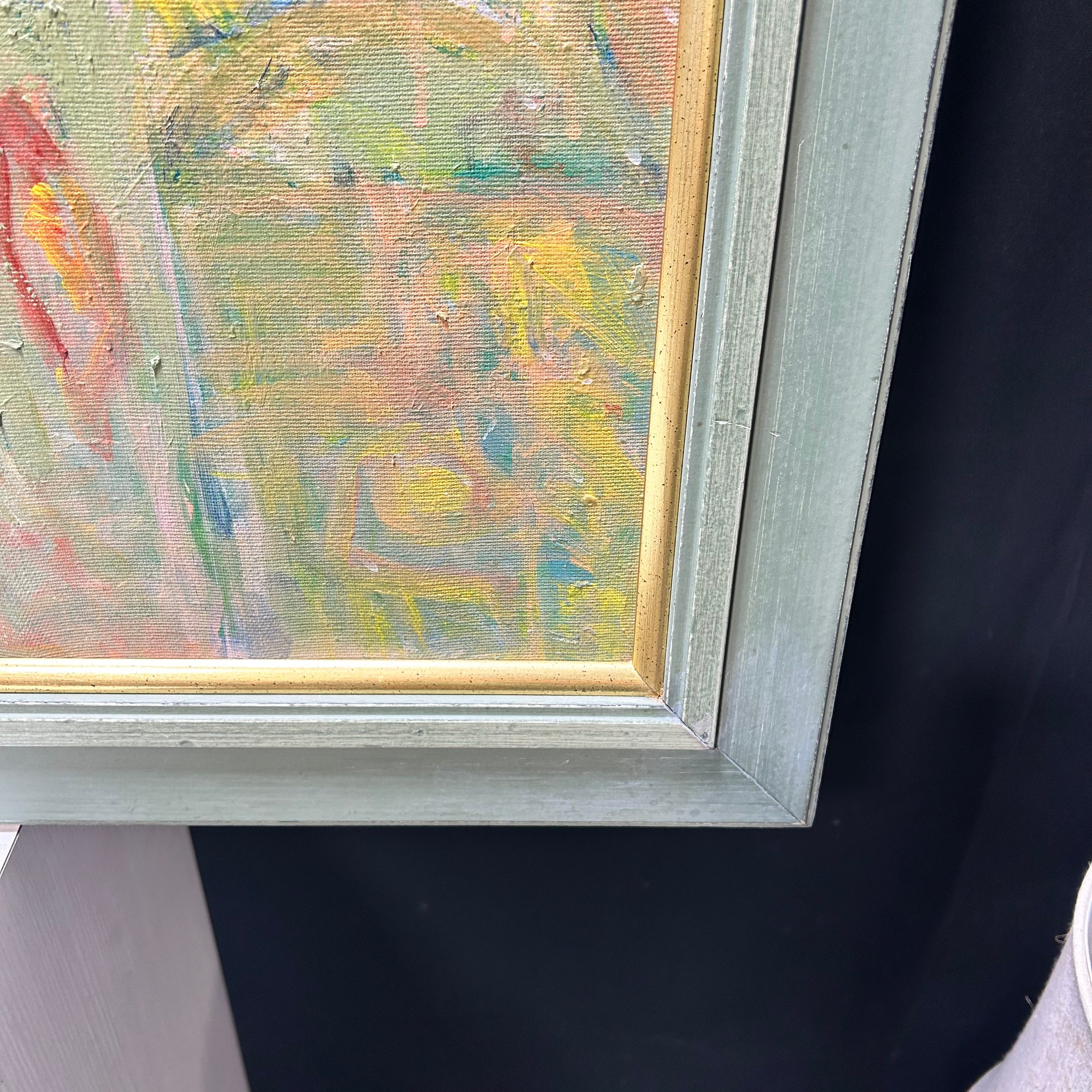 Carol Ruth Abstract On Canvas With Green Frame & Gold Trim  42"x 40"