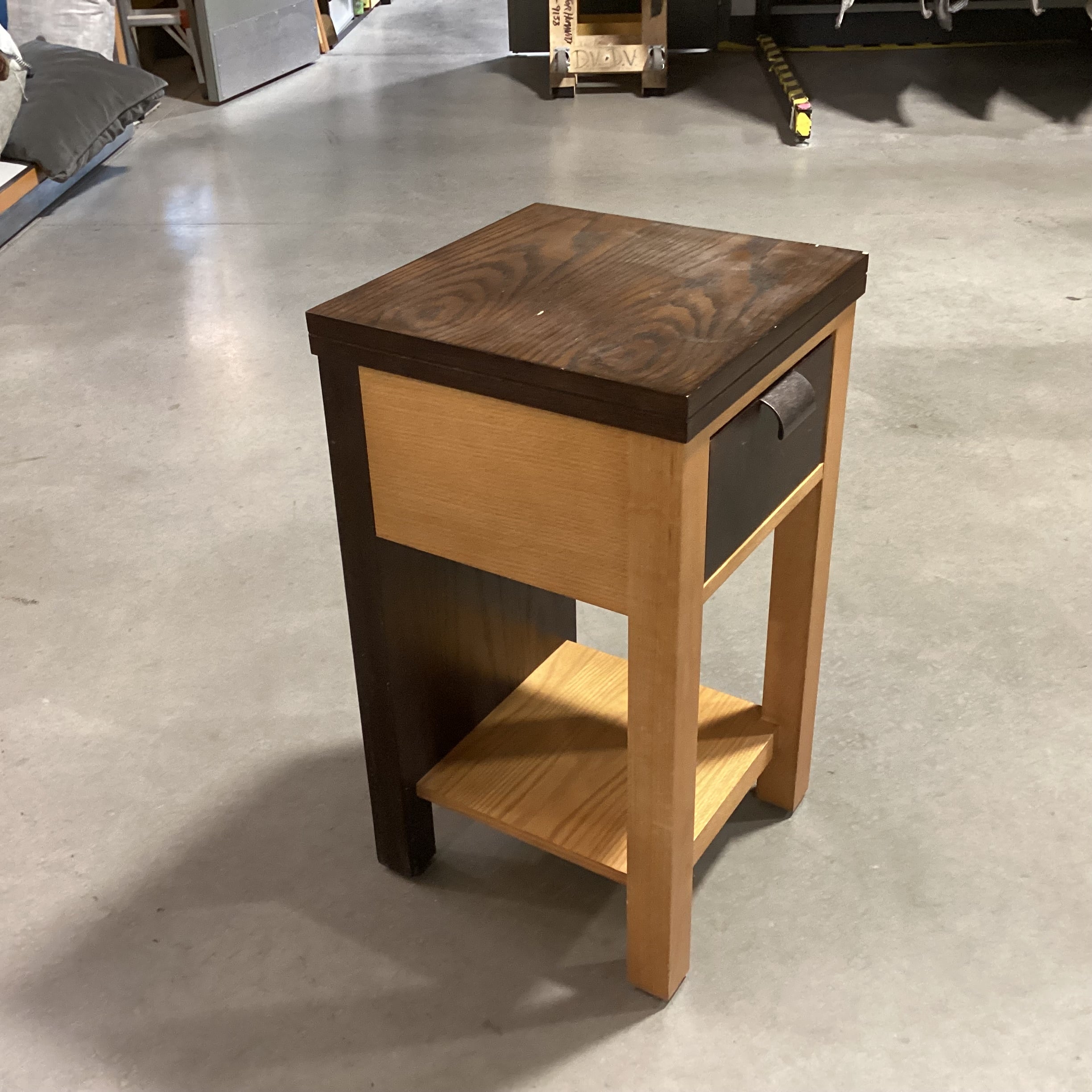 Mark David Dark 2 Tone Wood & Veneer with Leather Drawer End Table 16"x 16"x 28"