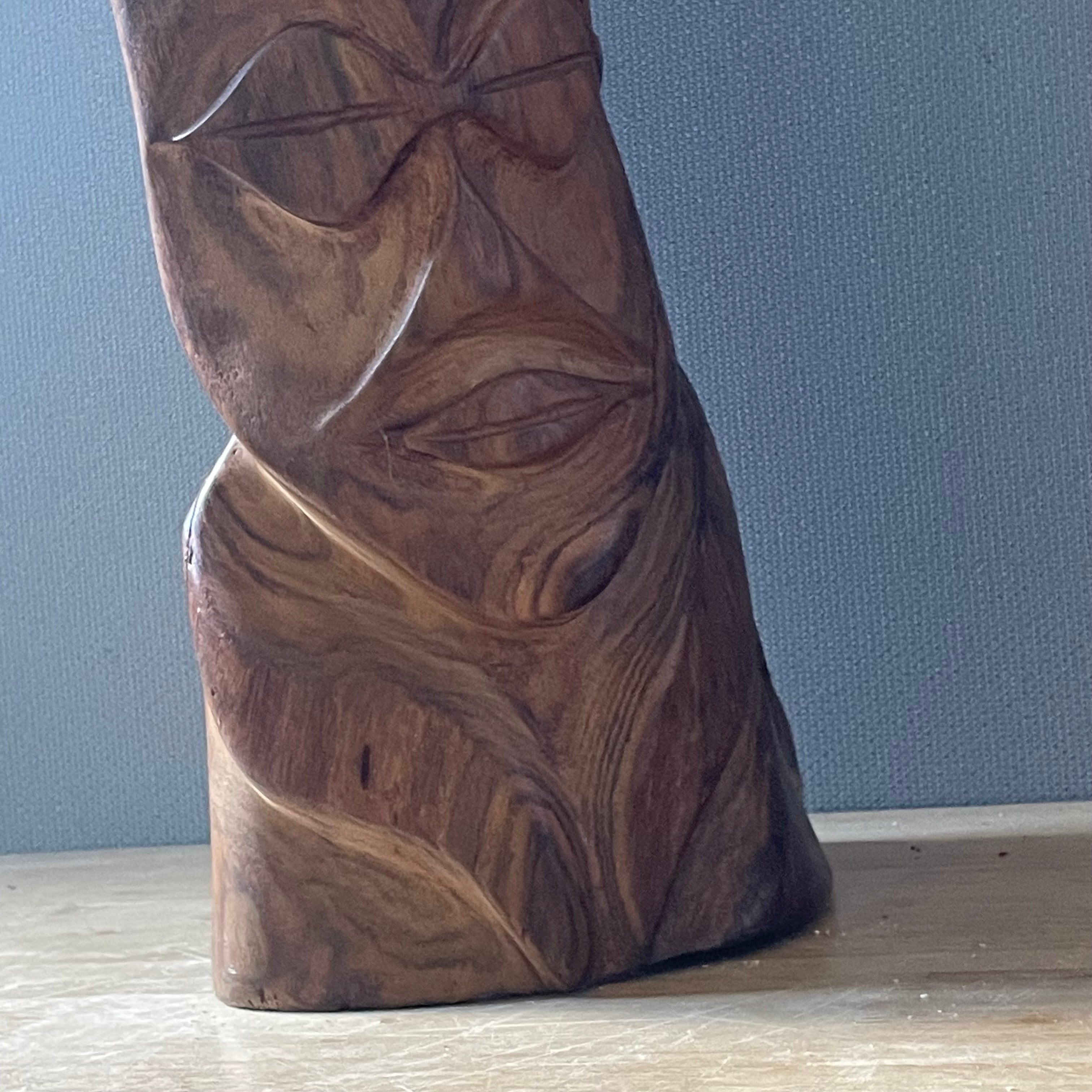 Vintage Polynesian Hand Carved Hardwood with Natural Live Edge Faces Sculpture, 8"x 6"x 17"