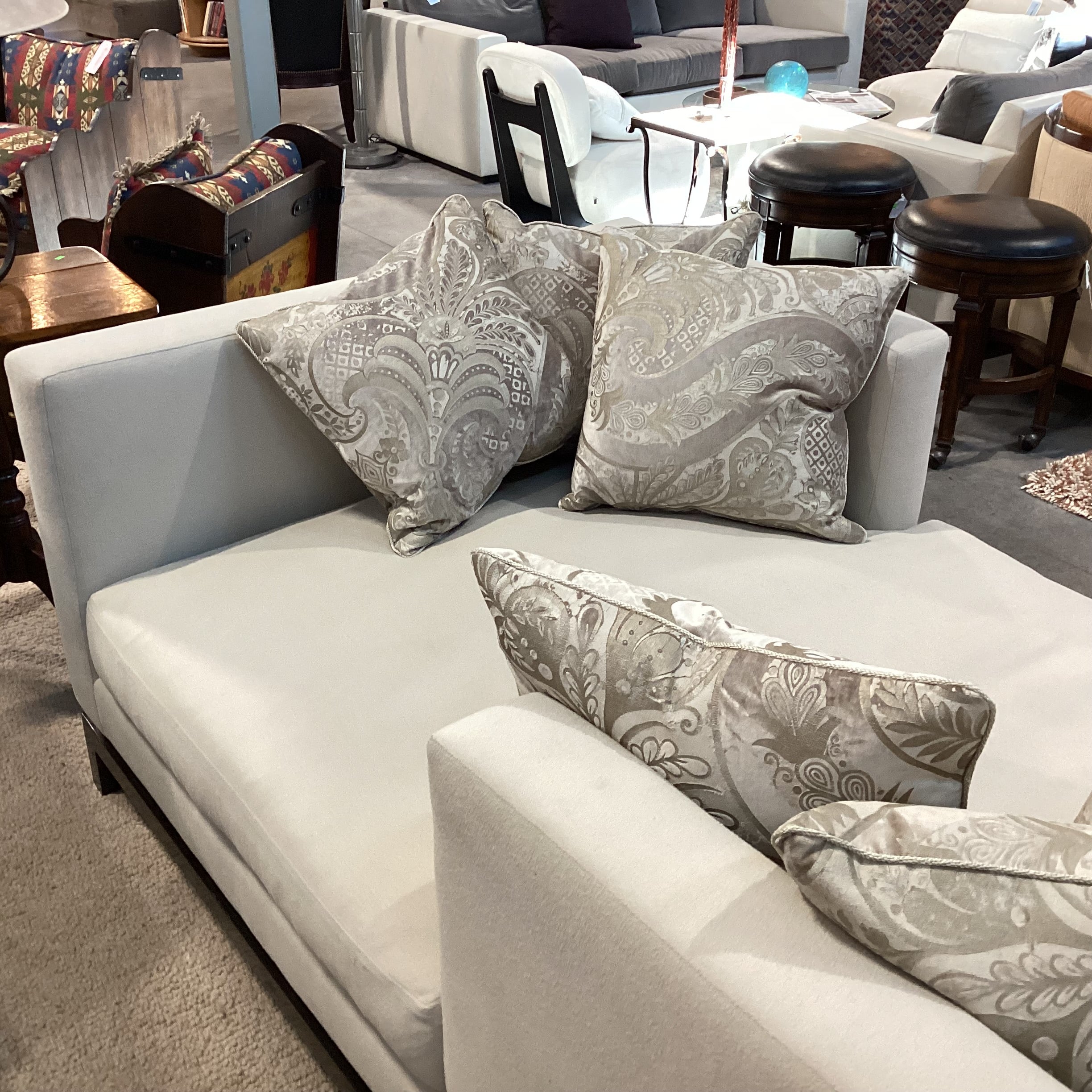 JJ Custom Dove Grey Wool Down Mix with Metallic Taupe &Ivory Accent Pillows Modern Chaise Sofa 76"x 48"x 33"
