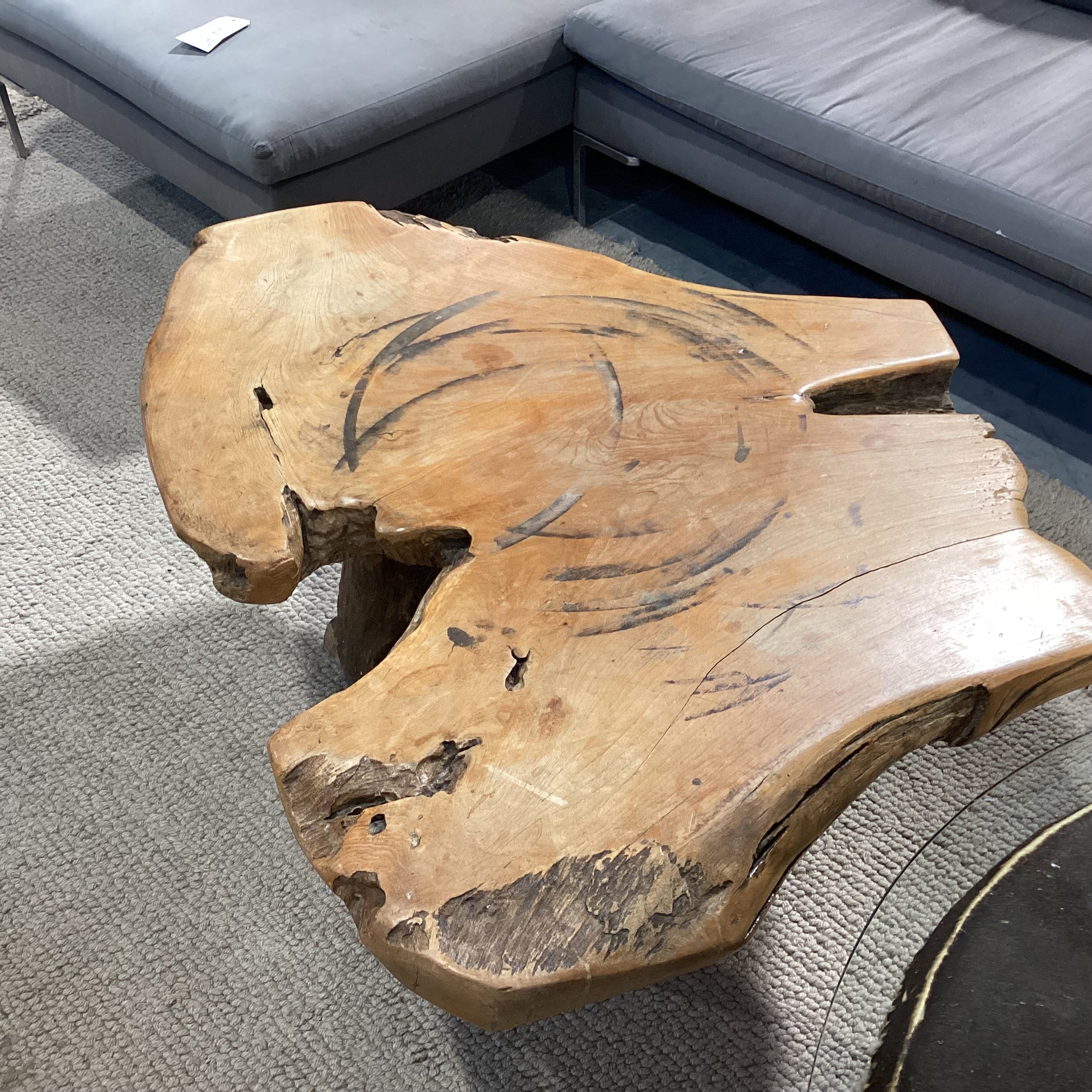 Vintage Root Stump & Live Edge Slab Coffee Table 42"x 34"x 18.5"