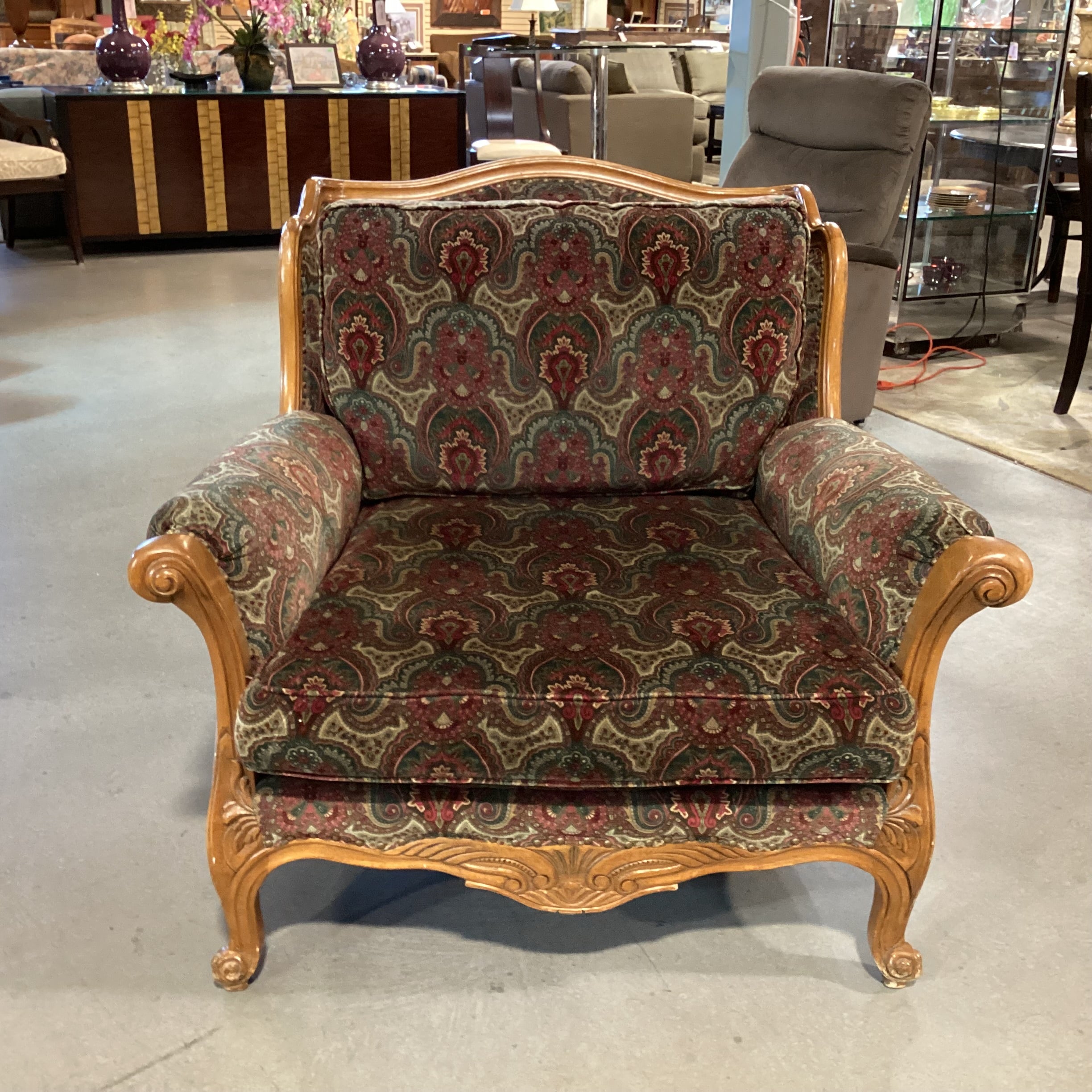 Vintage Ralph Lauren Red Green Paisley Velvet Nailhead & Carved Wood Oversized Chair 42"x 42"x 38"