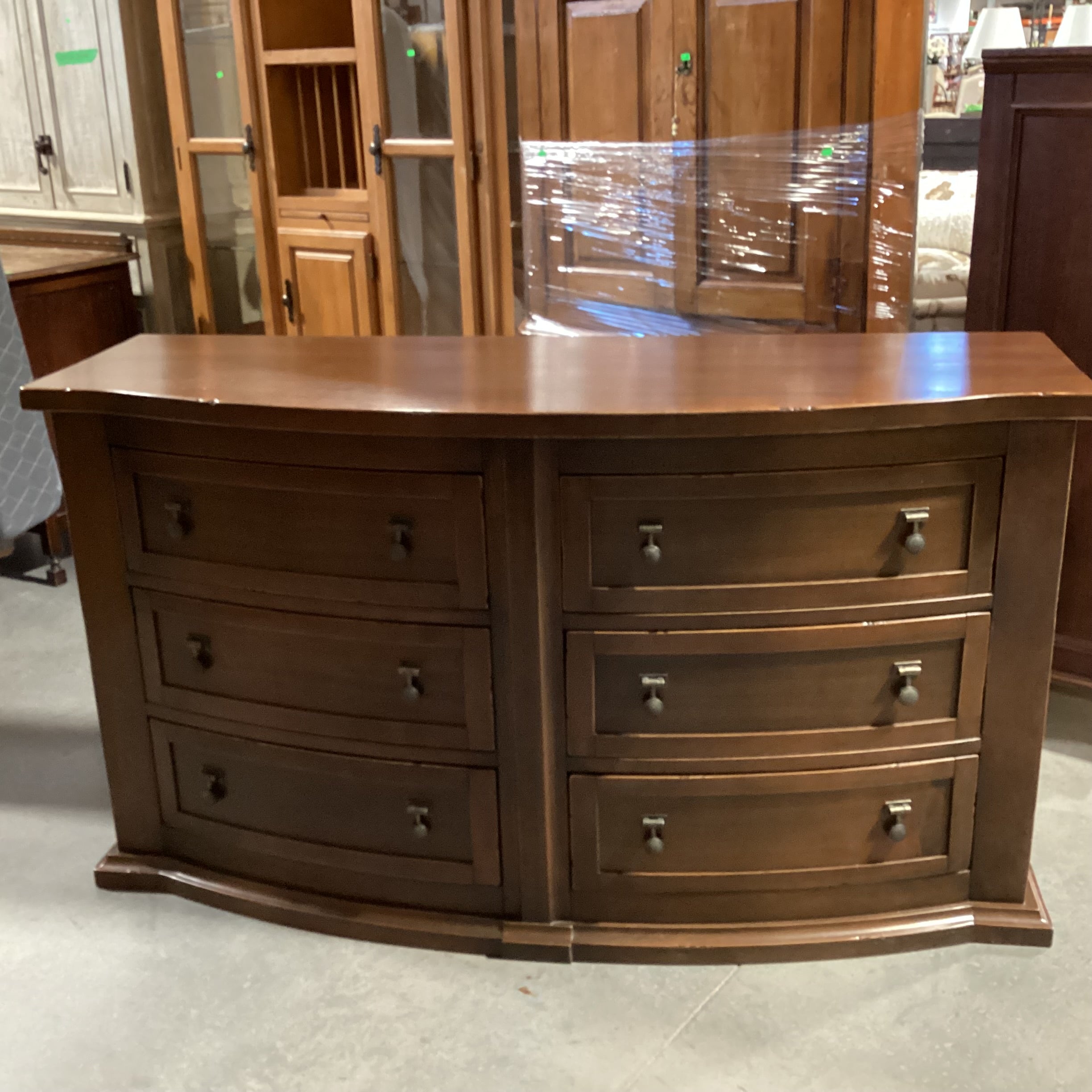 Dark Distressed Finish Solid Carved Wood 6 Drawer Curved Front Dresser 66"x 23.5"x 37"