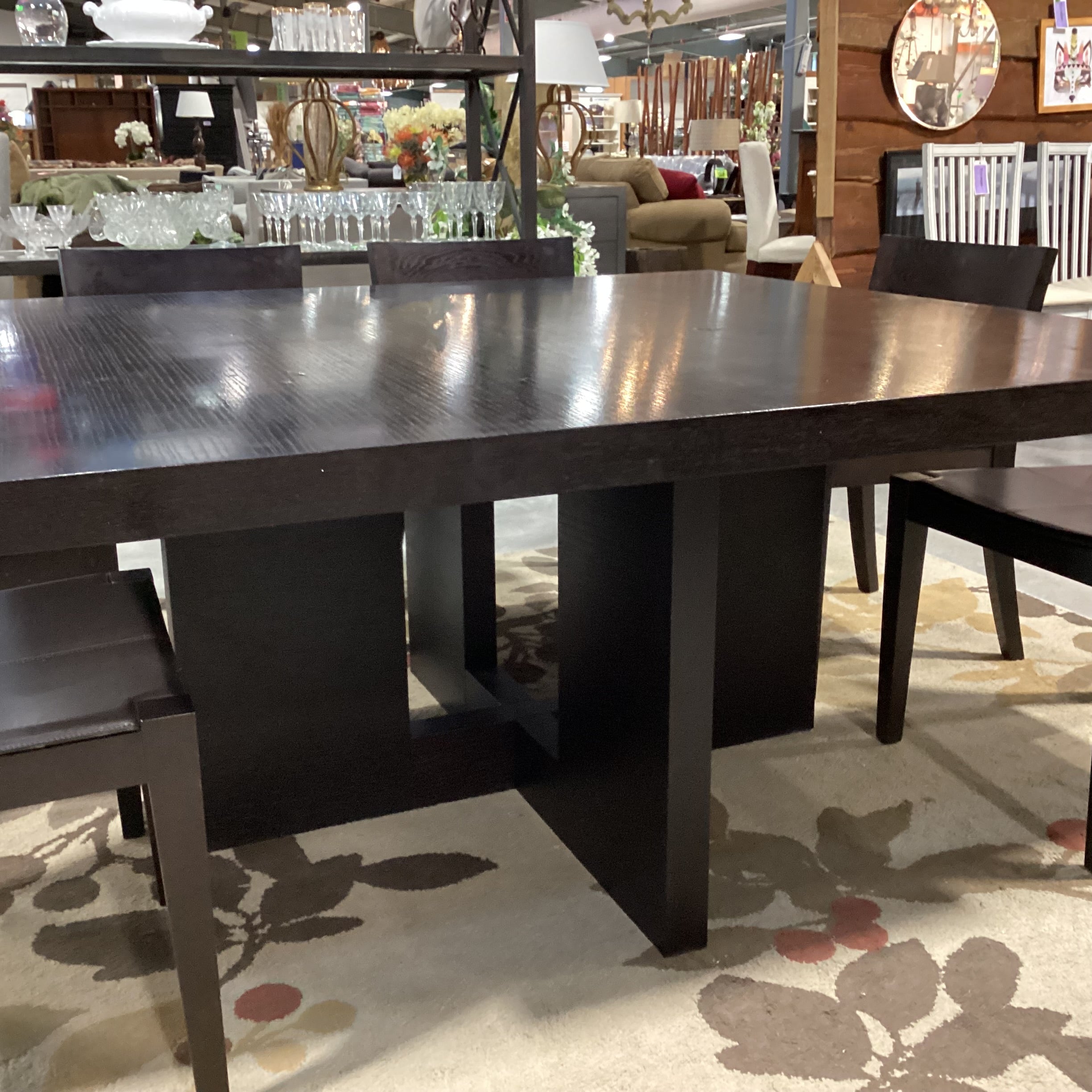 Casa Milano Italian Modern Japandi Design Table with 7 Wood & Leather Chairs Dining Set 59"x 59"x 29"
