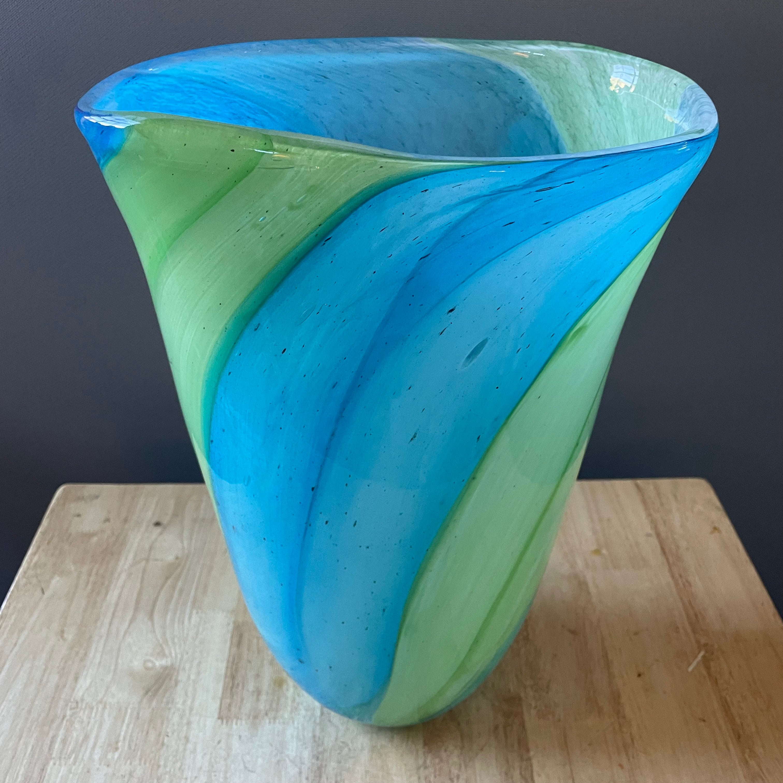 Handblown Blue/Green Swirls Glass Vase, 10"x 16"