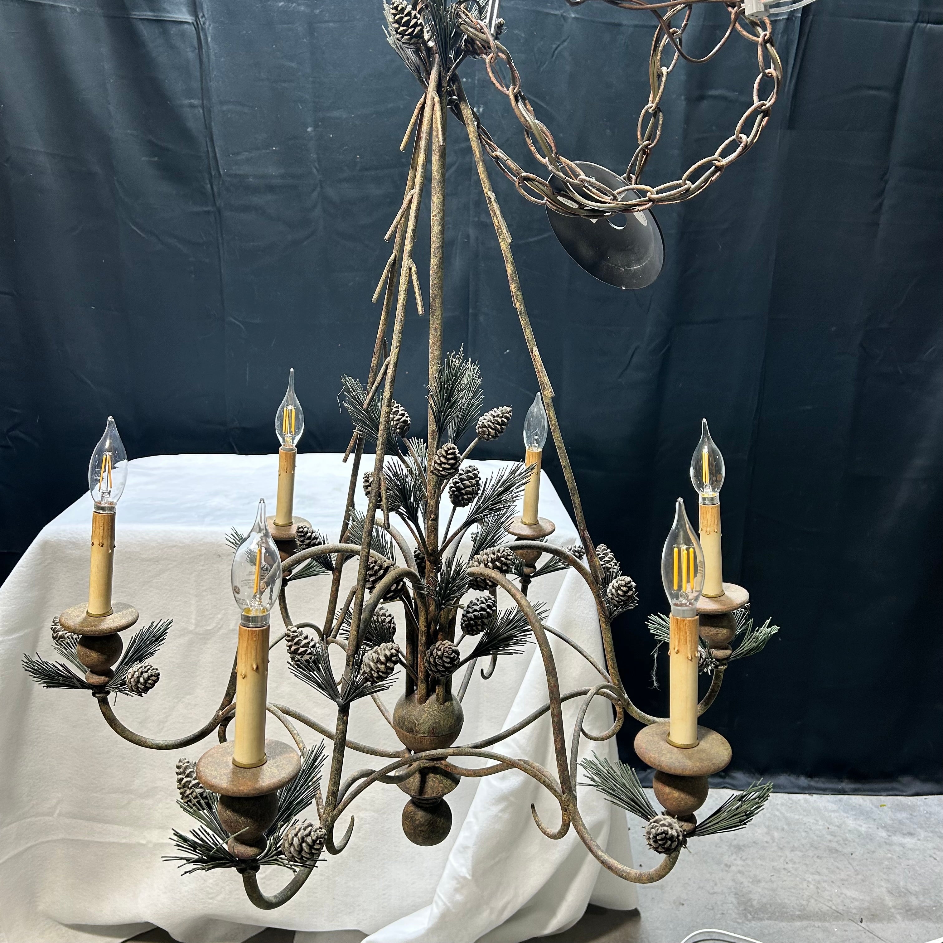 Vintage Iron Pine Cone Pine Needle 6 Light Chandelier 31"x 34"