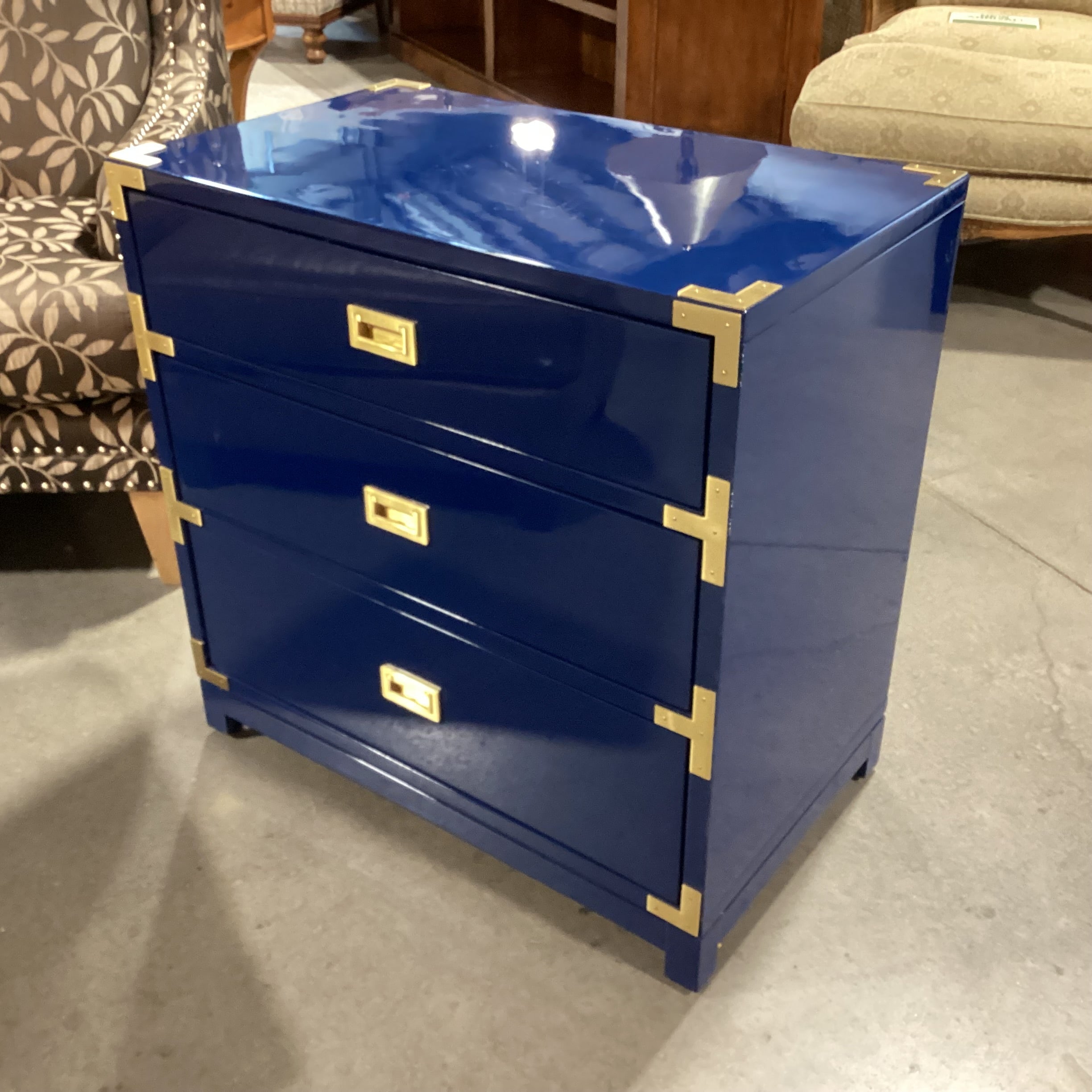 Navy Lacquer & Brass Campaign 3 Drawer Chest 30"x 18.5"x 30.5"