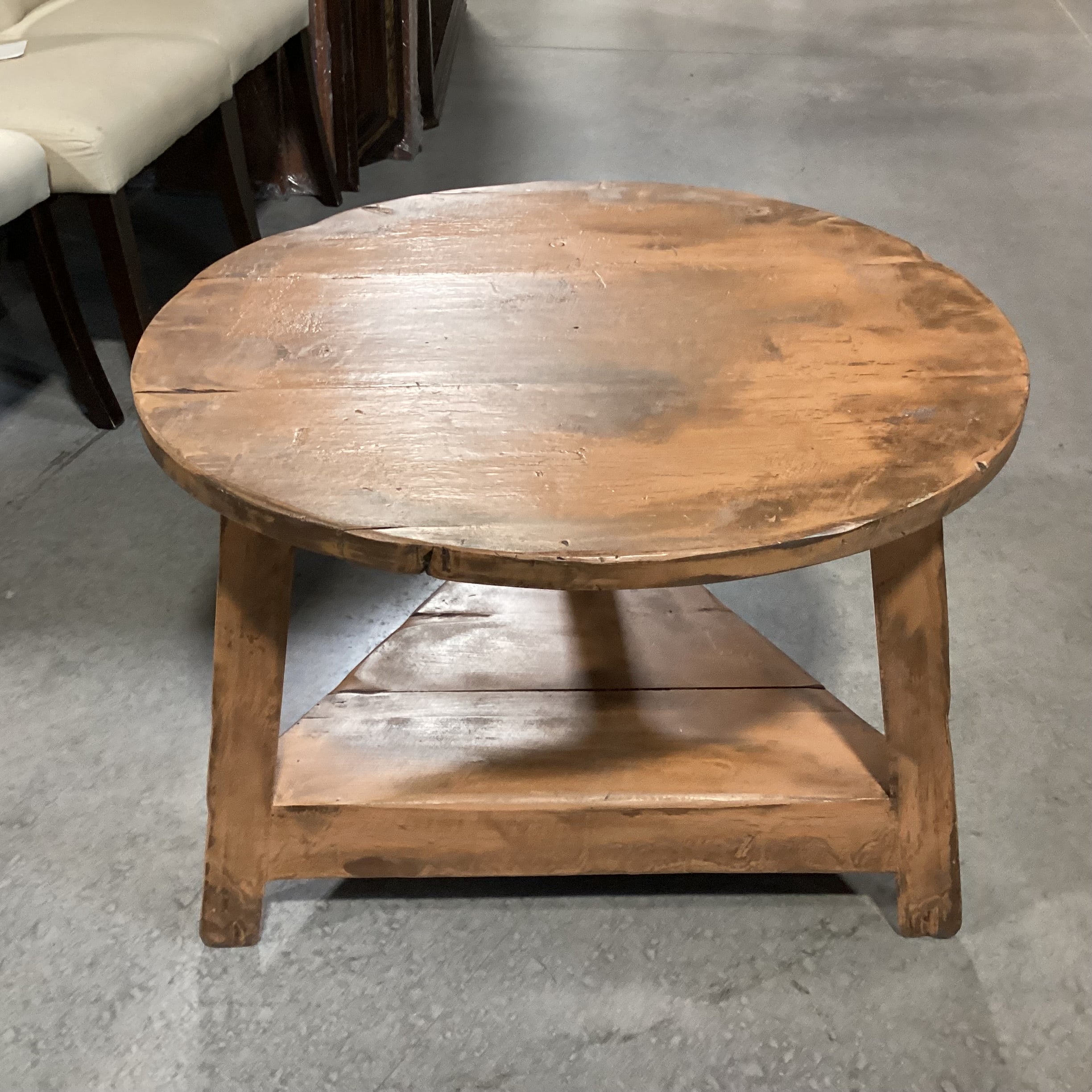 Distressed Antiqued Finish Round Tri-Leg with Shelf End Table 29.5" Diameter x 22.5"