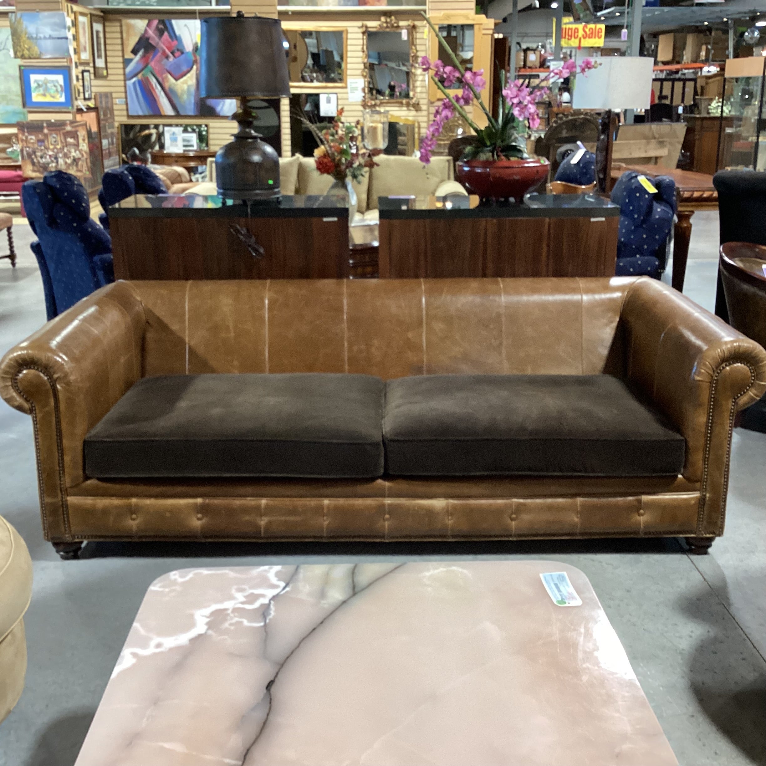 Leather Nail Head Roll Arm & Back with Brown Velvet Seat Cushions Sofa 94"x 46"x 30"
