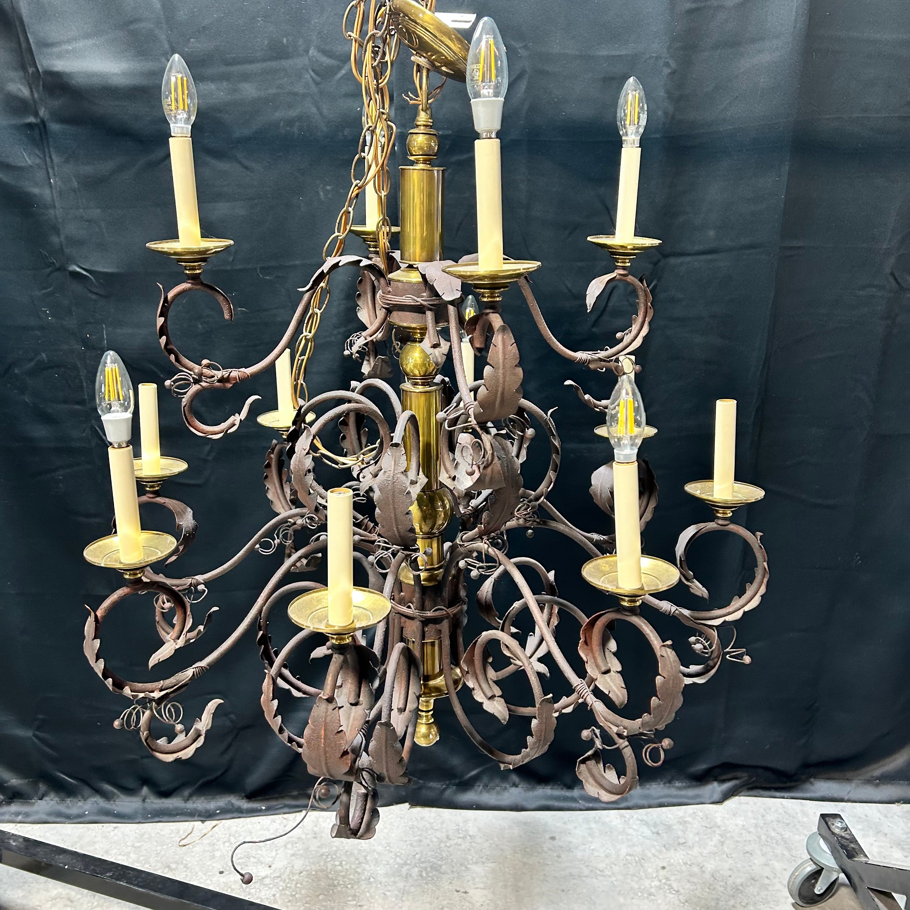 Vintage Ornate Scrolling Leaf Arm Iron And Brass  Two Tier 12 Light Chandelier  33"x 35"