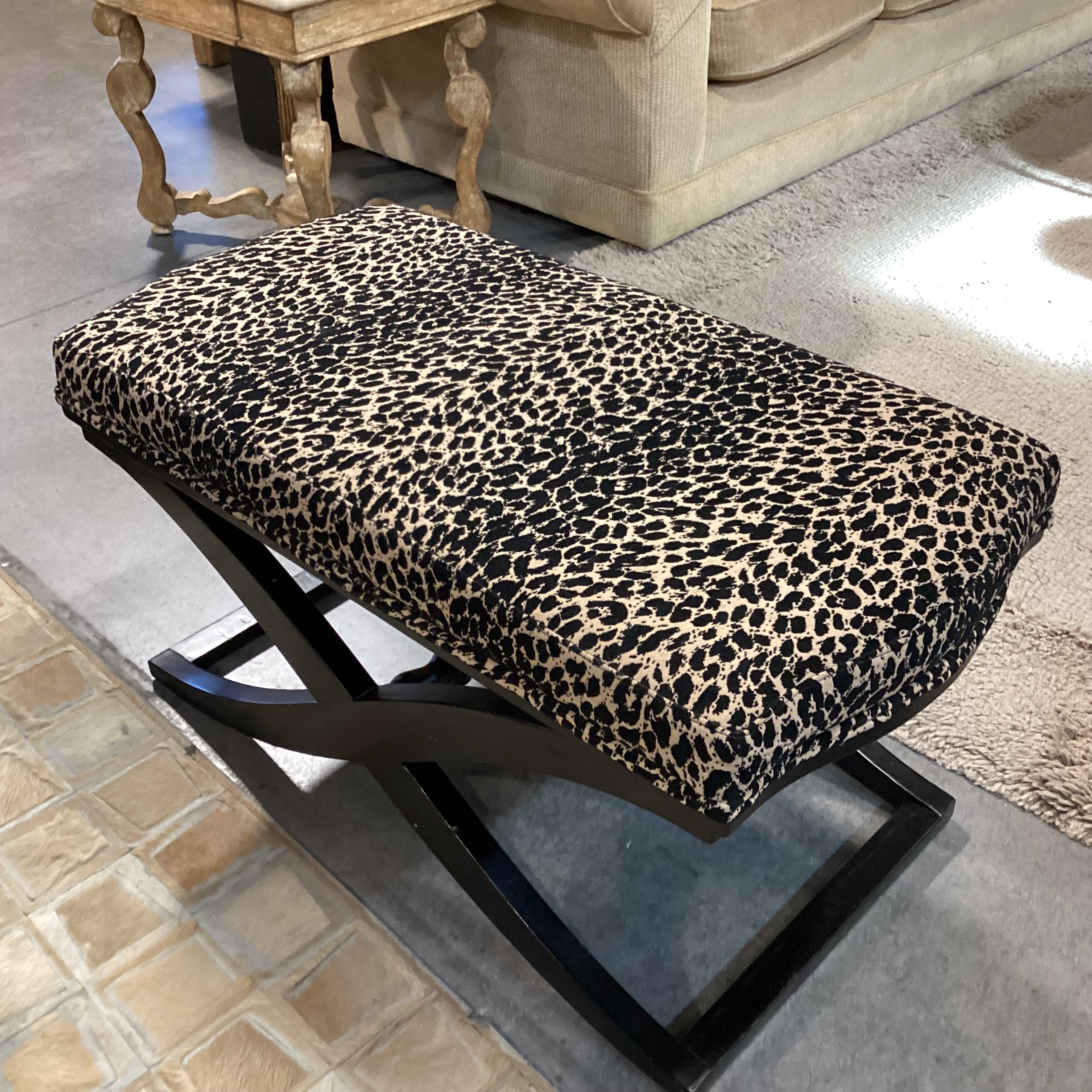 Animal Print with Black Wood X Base Bench 40"x 20"x 21"