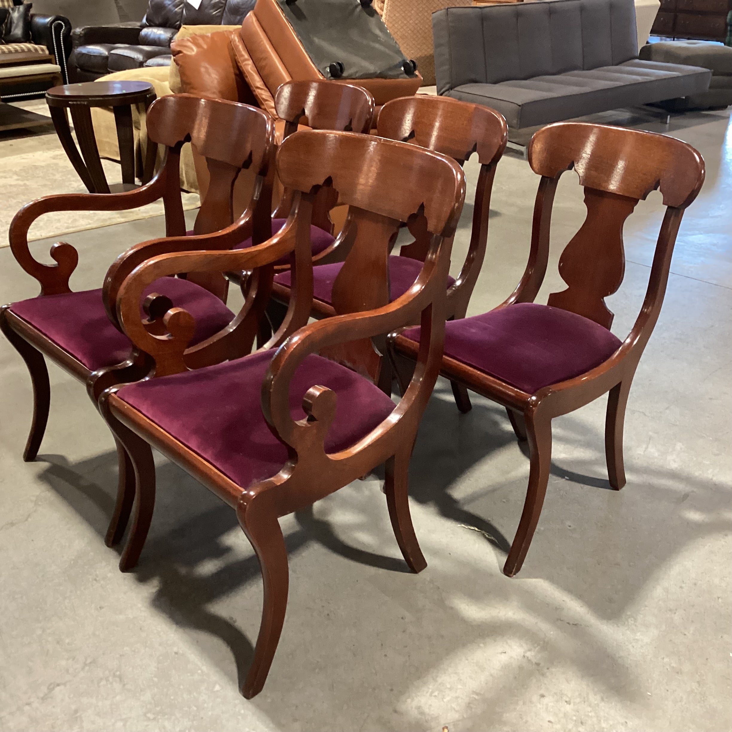 SET of 5 Vintage Scroll Arm & Eggplant Velvet Dining Chairs 21"x 21"x 36"