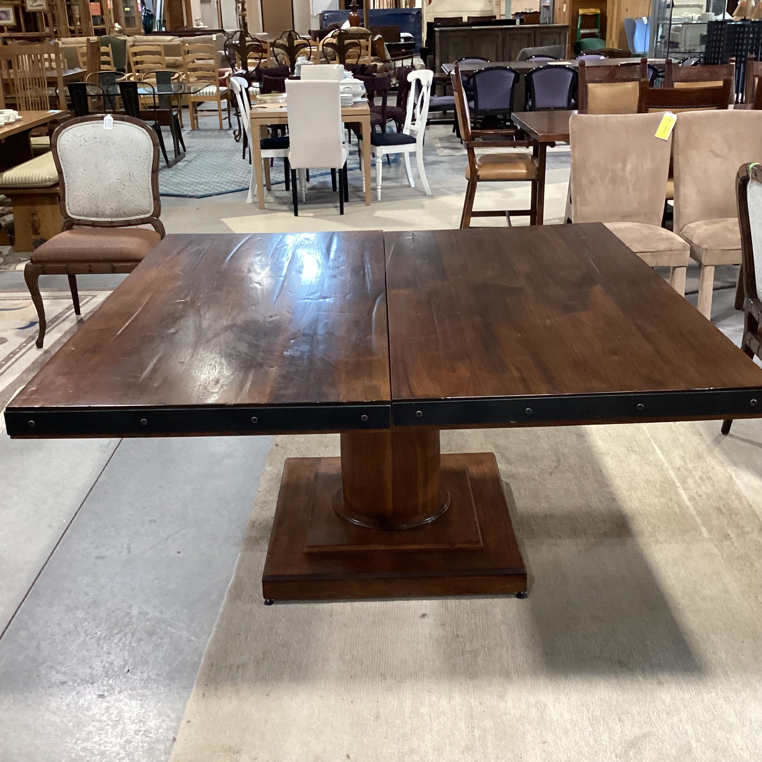 Custom Walnut & Iron Nailhead Edge with Pedestal Dining Table 60"x 60"x 30.5"