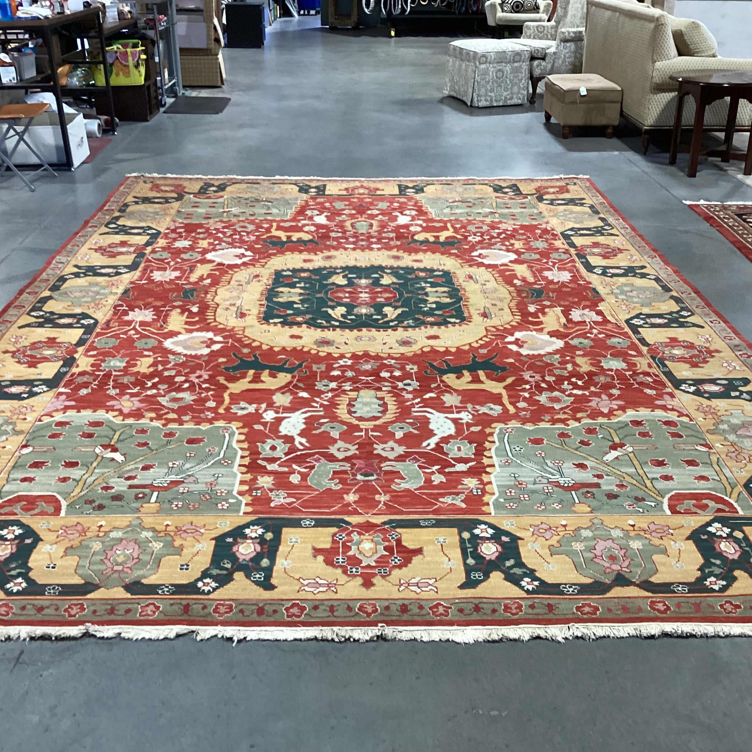 Nourmak Wool Red Gold Green Floral Fauna with Soumak Weaving Rug 9'10"x 14'3"