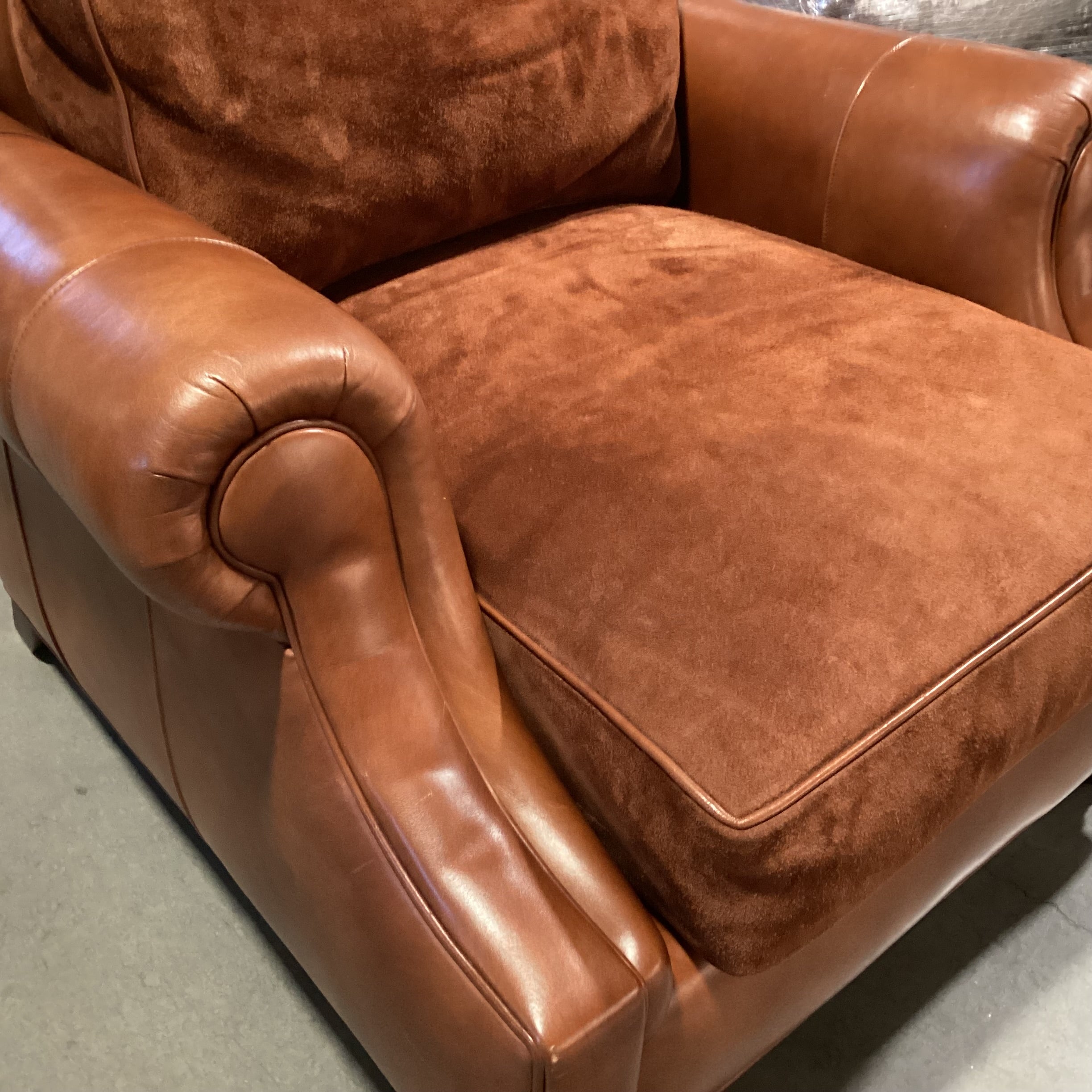 Hancock & Moore Leather & Suede Roll Arm Club Chair 40"x 44"x 35"