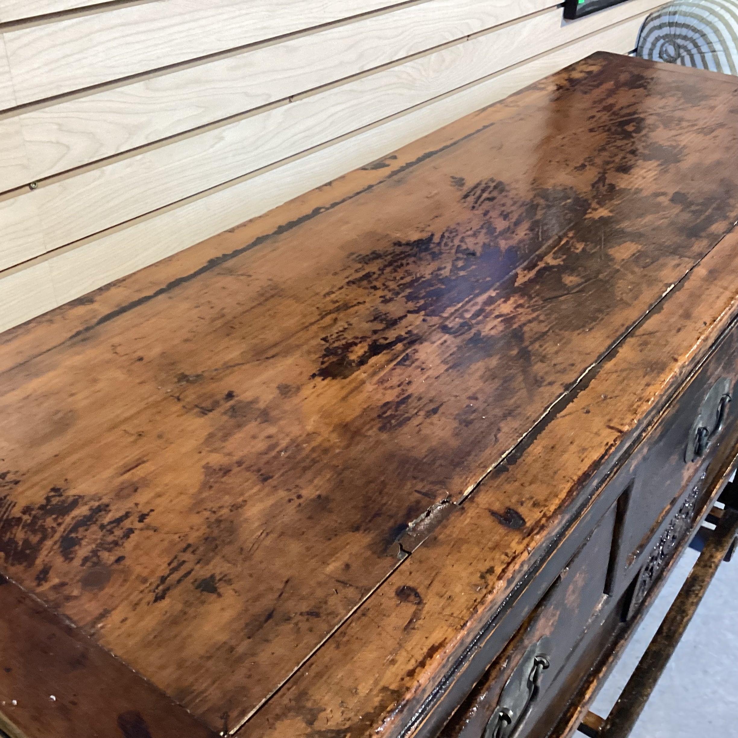 Vintage Antique Asian Carved Wood Lacquer Distressed Buffet 54.5"x 18.5"x 35"