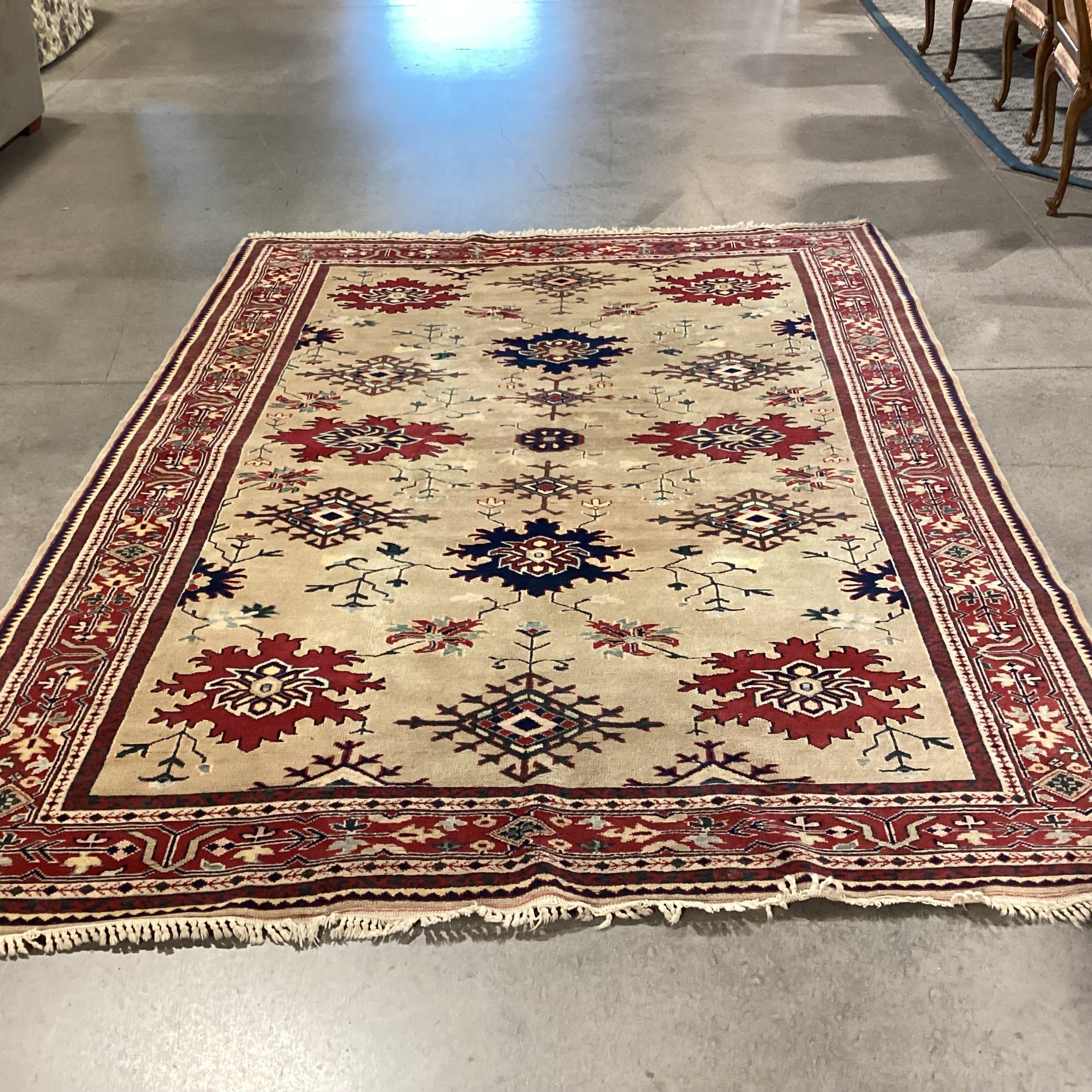 Vintage Beige Tan Red Navy Hand Woven Wool Rug 6'7" x 9'
