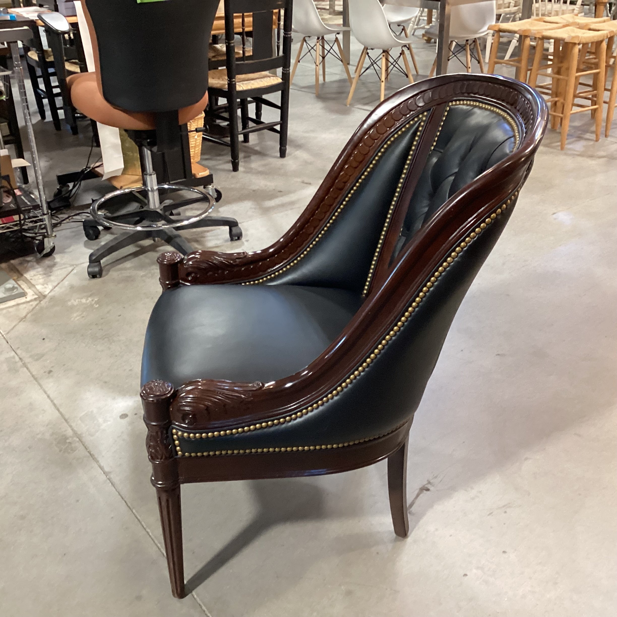 Hancock & Moore Ornate Carved Mahogany Finish Wood Black Leather Tufted Nailhead Chair 27"x 32"x 39"