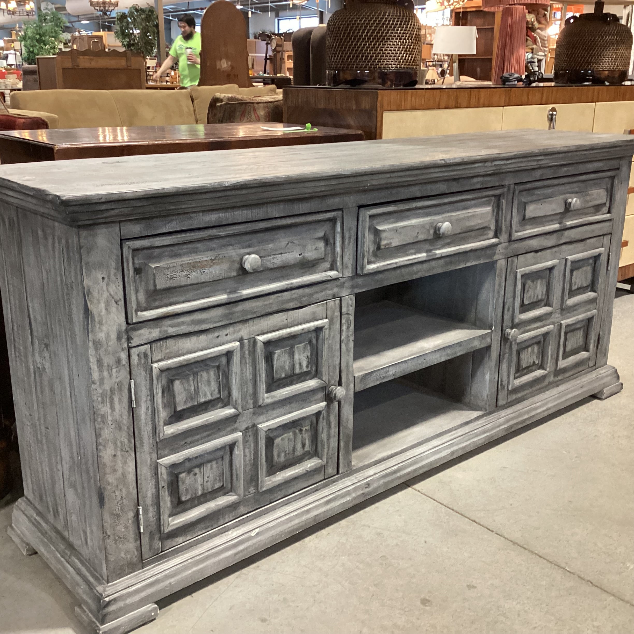 Rustic Distressed Grey Washed Wood  3 Drawer 2 Door & Shelves Console Credenza 71.5"x 17.5"x 32"