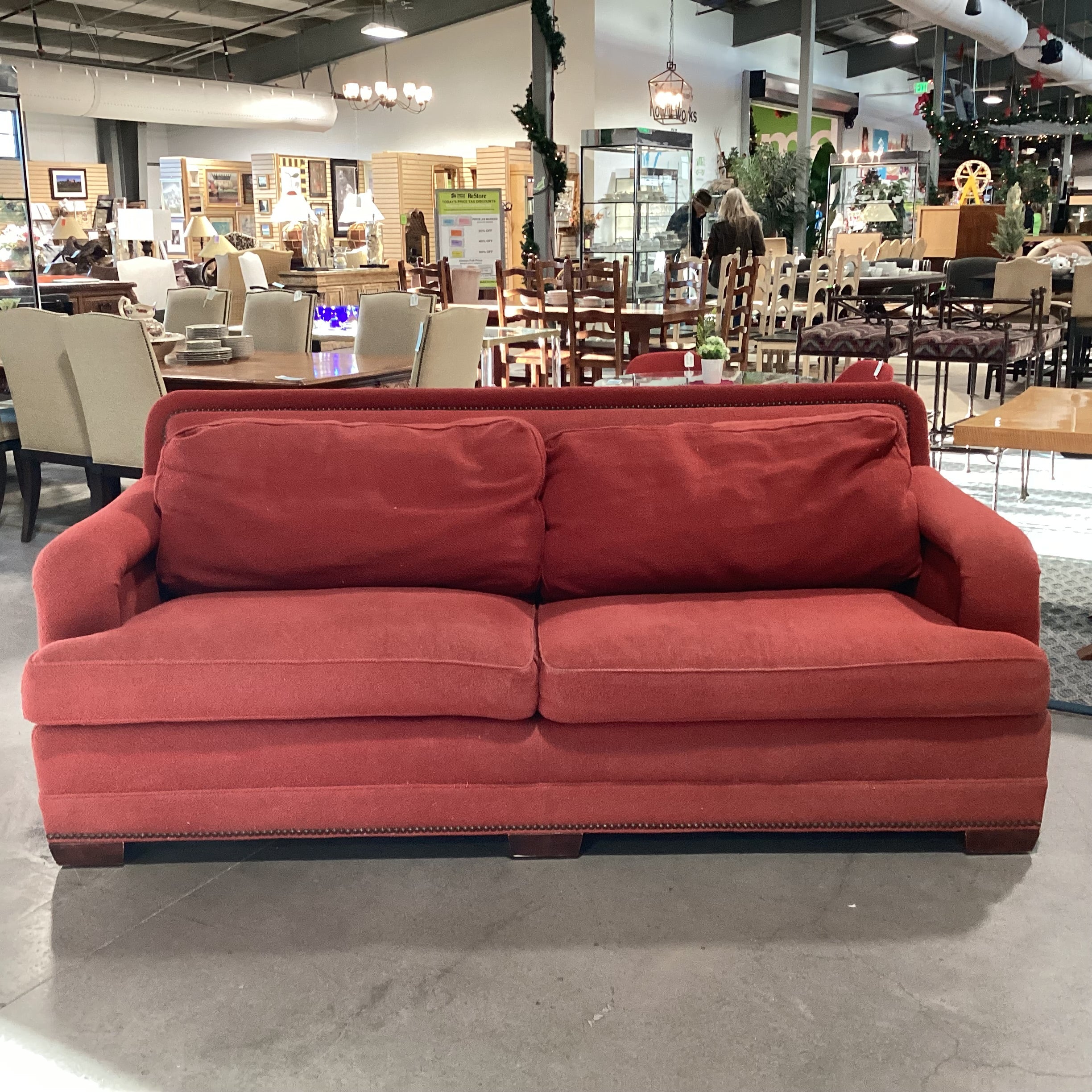 Stanford Furniture Red Boucle Nailhead Down Mix Sofa 90"x 41"x 37"