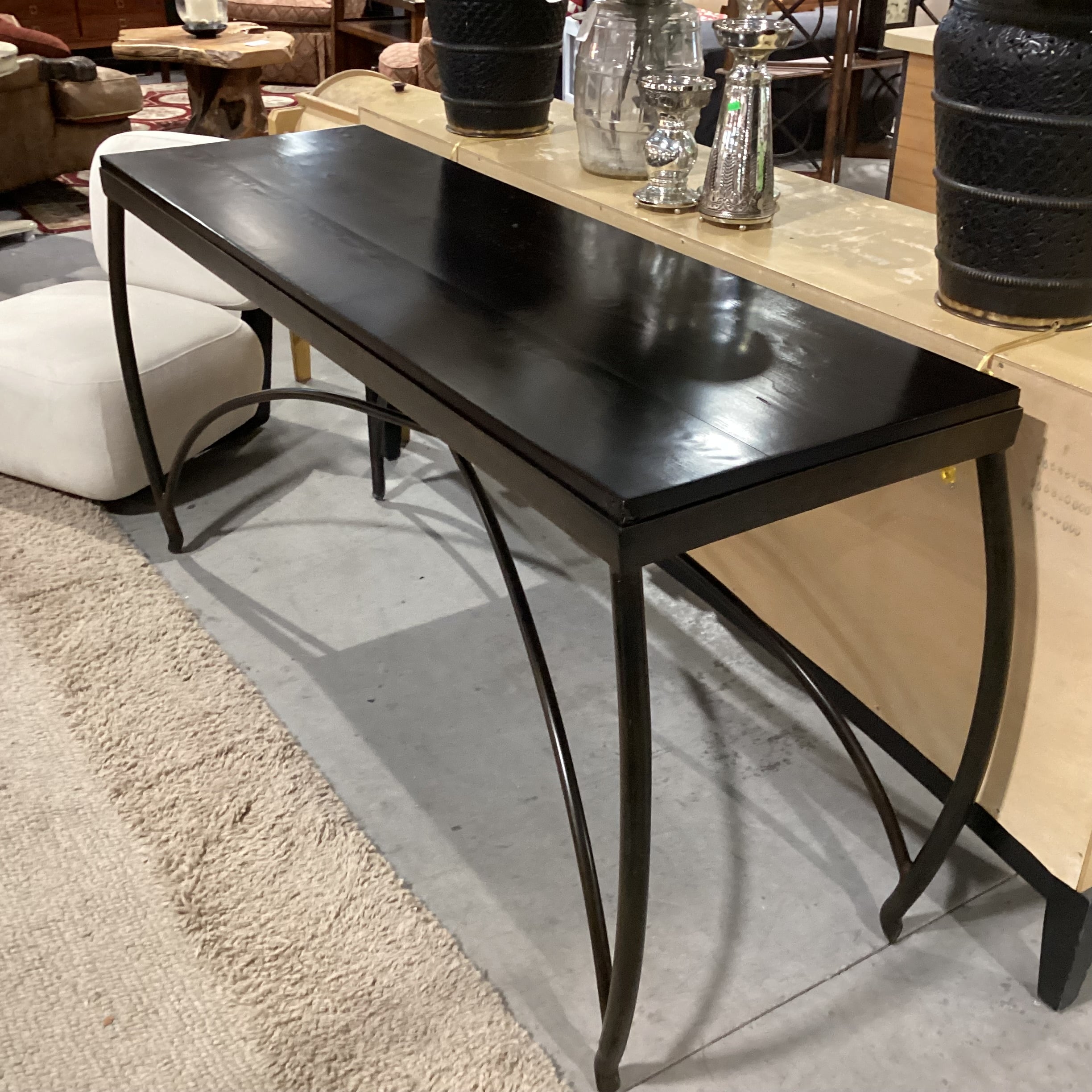 Dark Finished Wood & Iron Stretchers Trestle Accent Table 73"x 23"x 34.5"