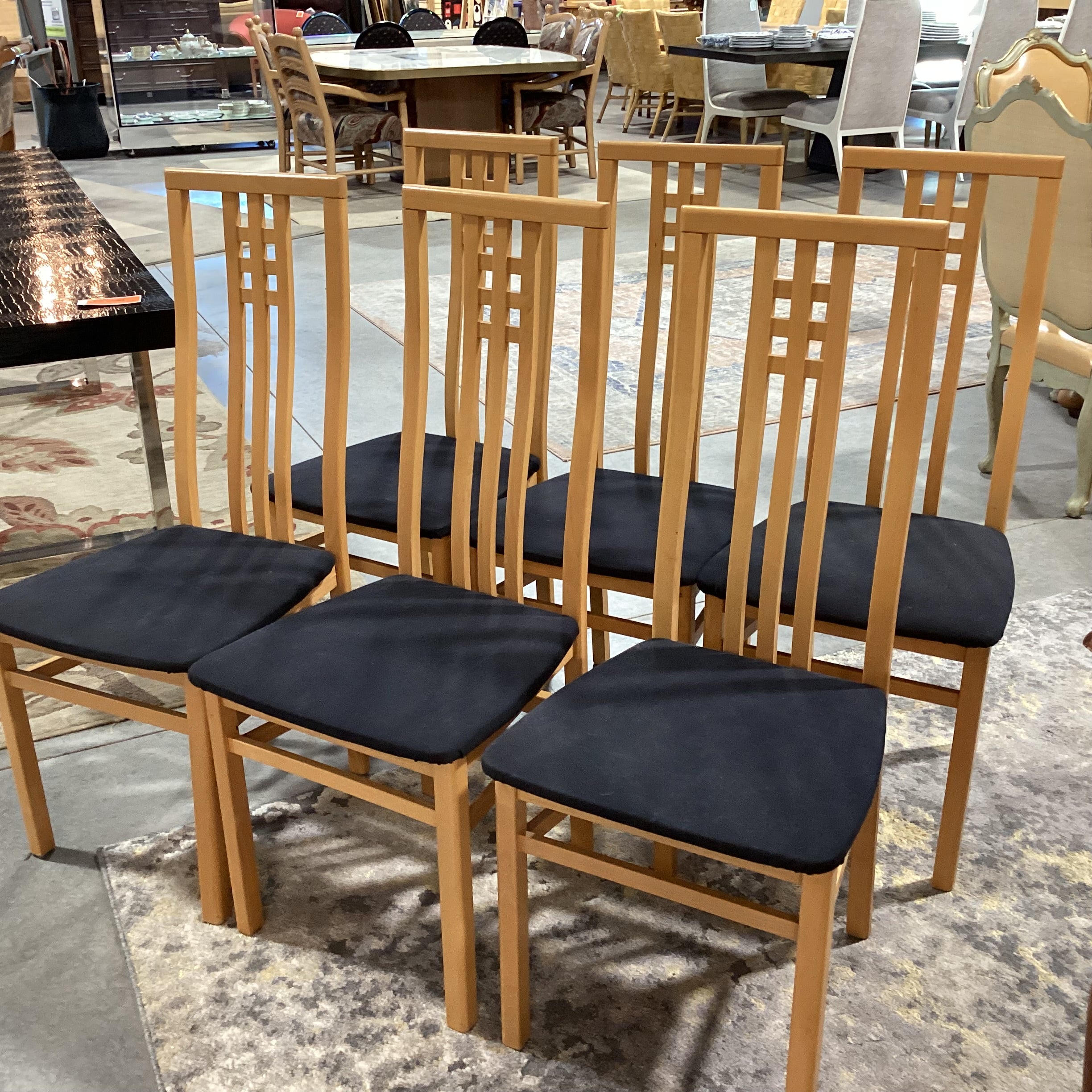 SET of 6 IMS SRL Made in Italy Arts & Crafts Style Italian Teak & Black Canvas Dining Chairs 18"x 21"x 42"
