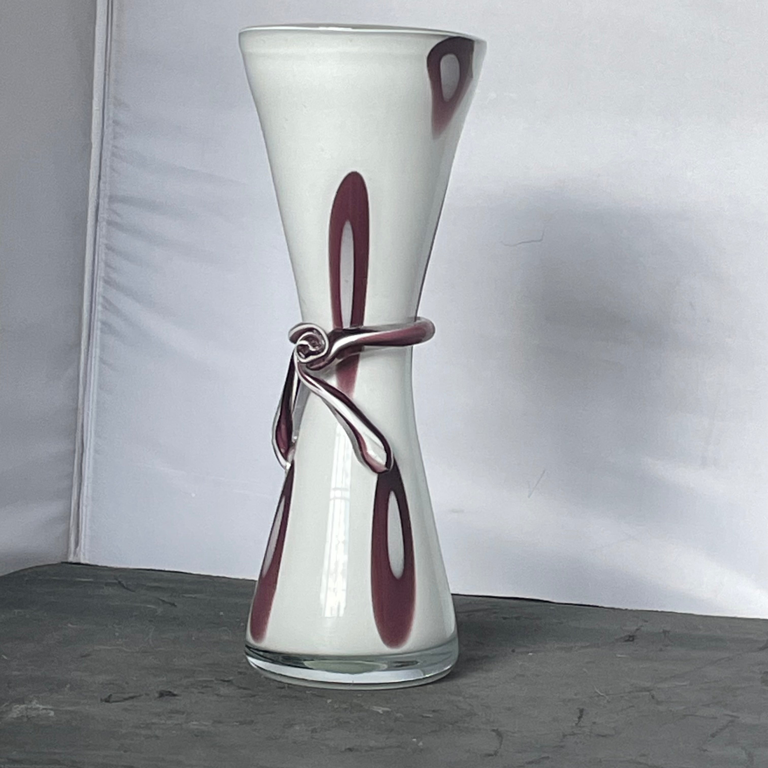 Murano Style Hand Blown White/Purple Bow Vase, 5"x 13"