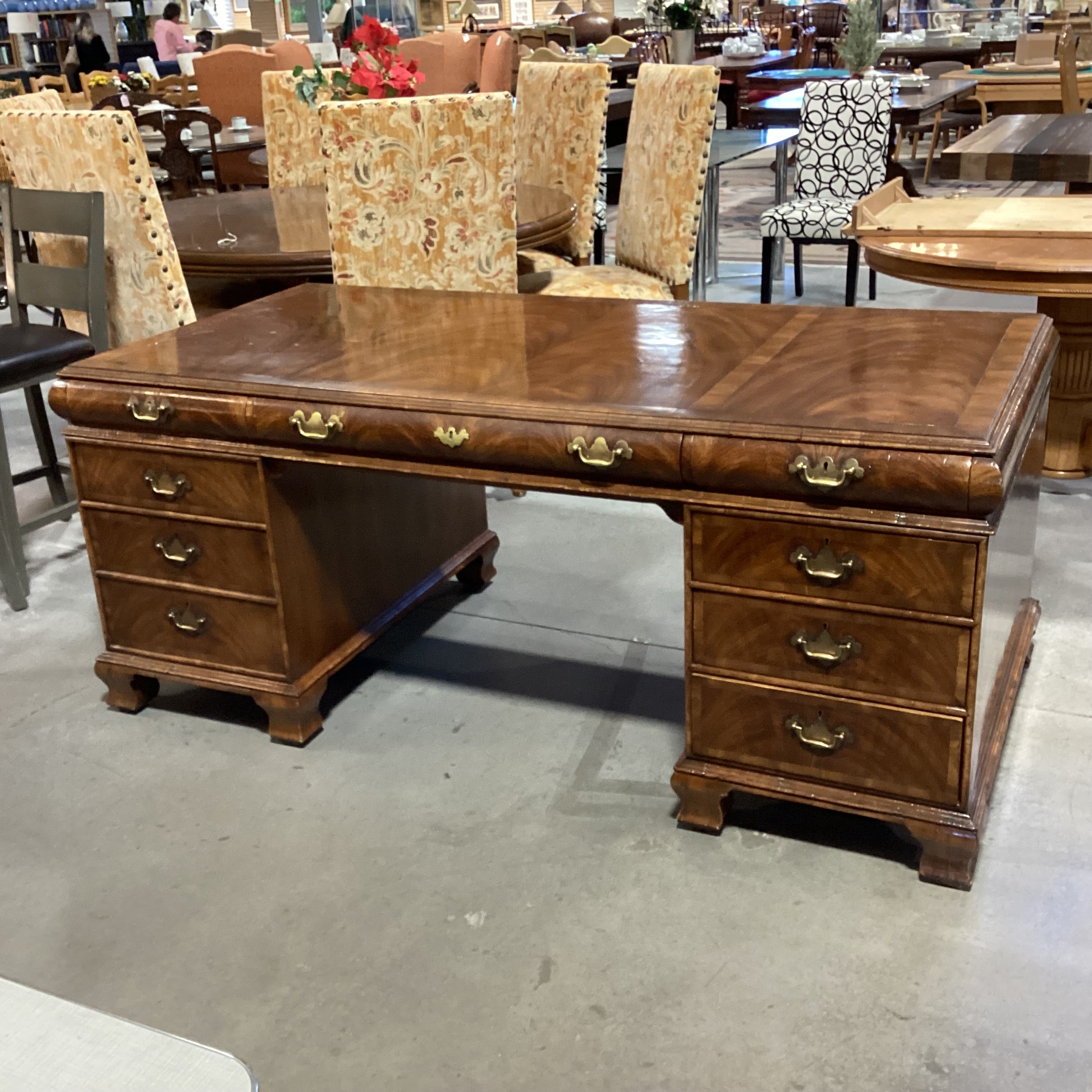Alfonso Marina Ebastina Delaware Antiqued Primavera Wood & Brass 8 Drawer Desk 73"x 36"x 31"