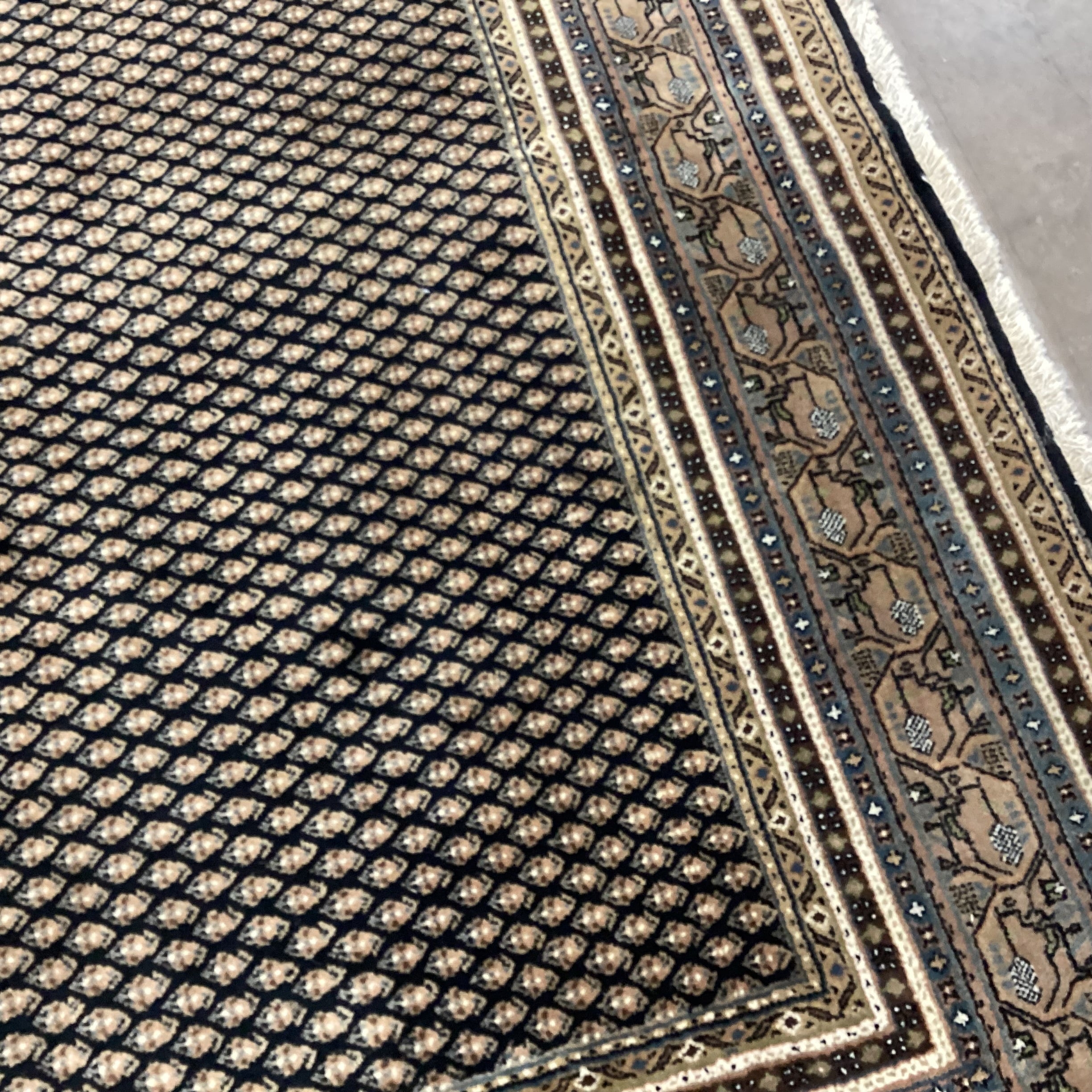 Cream Black Blue Taupe Olive Indo Mir Boteh Motif Hand Woven Wool Rug 6"x 9'4"