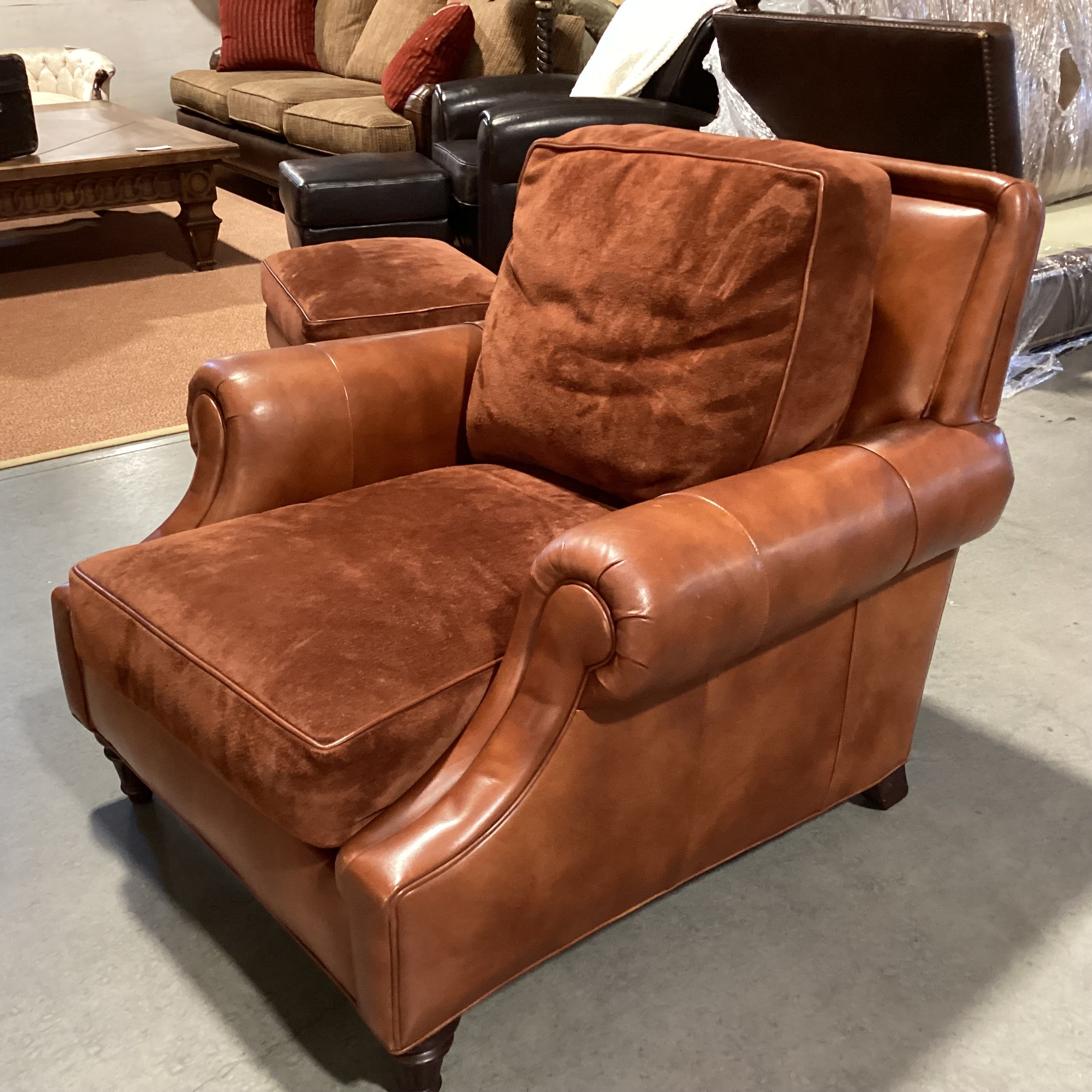 Hancock & Moore Leather & Suede Roll Arm Club Chair 40"x 44"x 35"