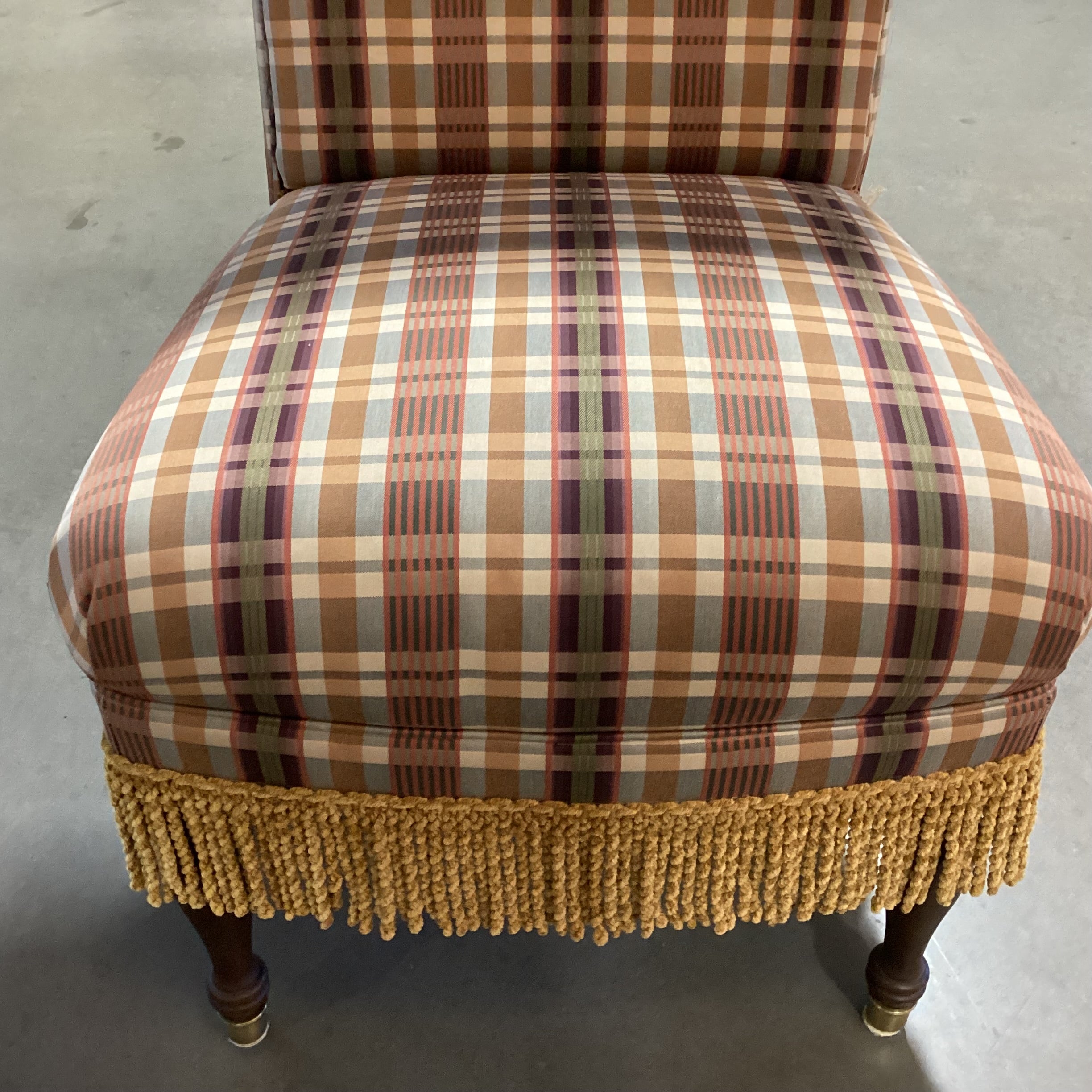 Custom Burgundy Gold Plaid & Fringe Roll Back Chair 20"x 32"x 46"