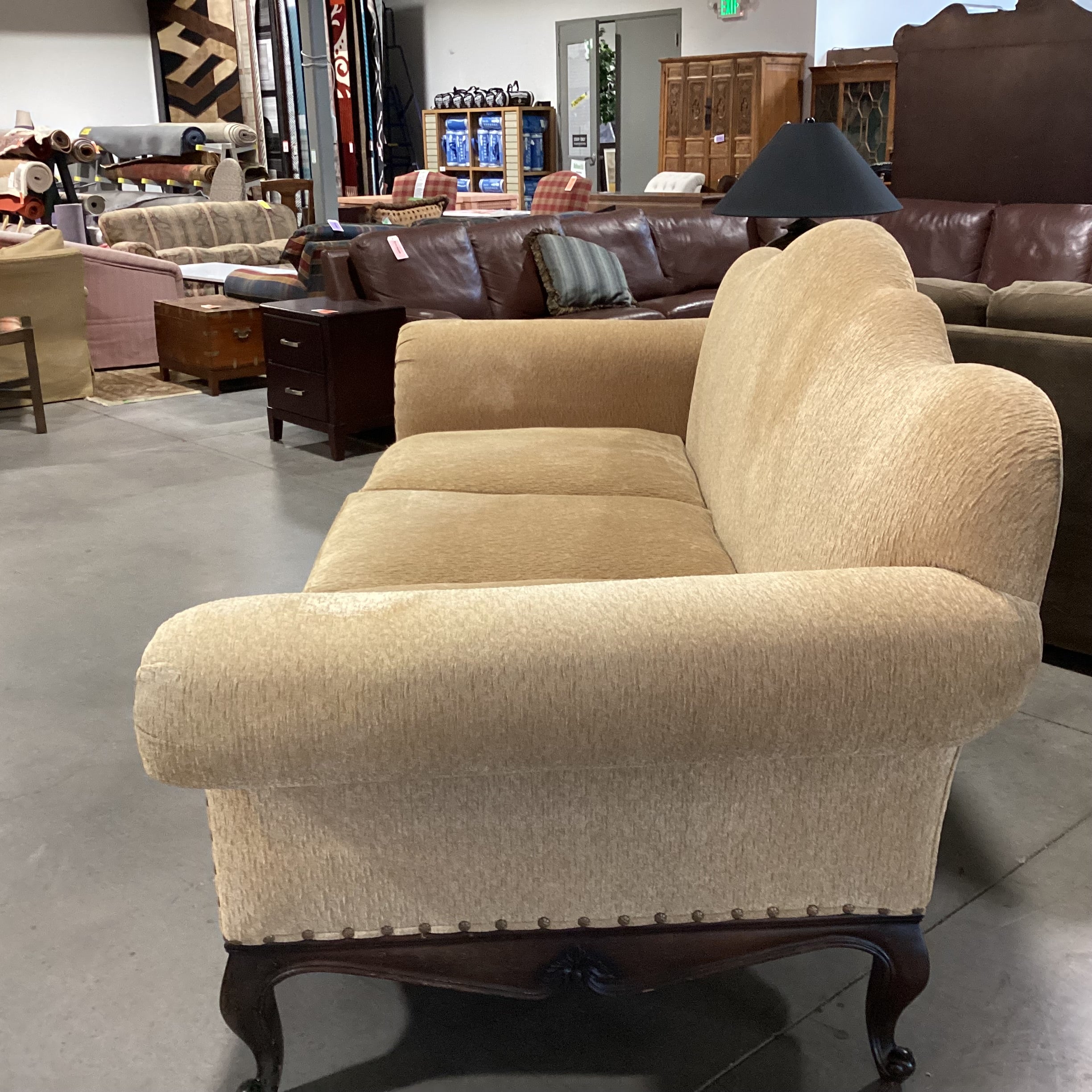 Ralph Lauren St Germain Venetian Gold Chenille Woven Nailhead & Ornate Carved Wood Sofa 103"x 41"x 45"