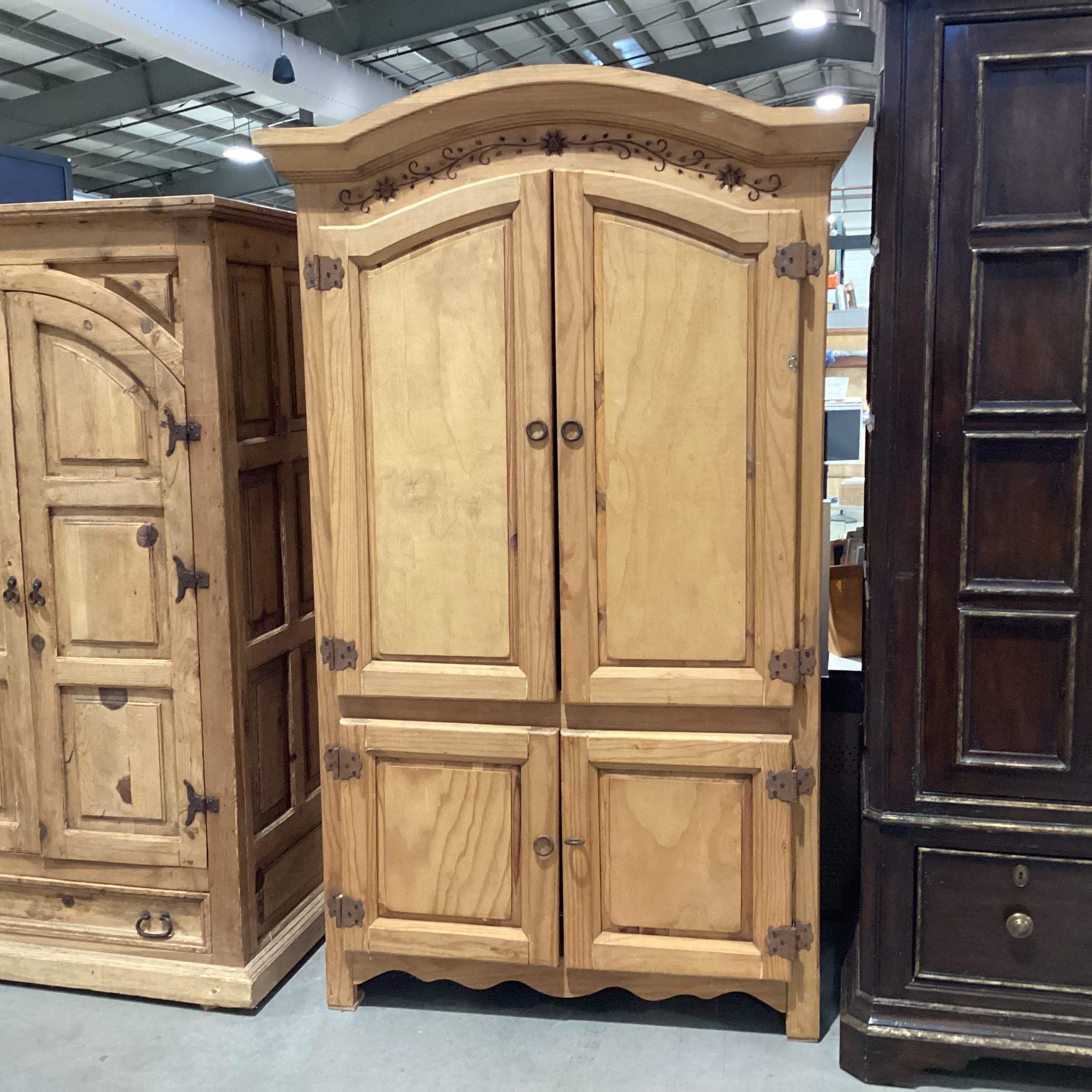 Arched Rustic Natural Carved Wood 4 Door with Shelves & 2 Drawer Armoire 48.5"x 26"x 80.5"