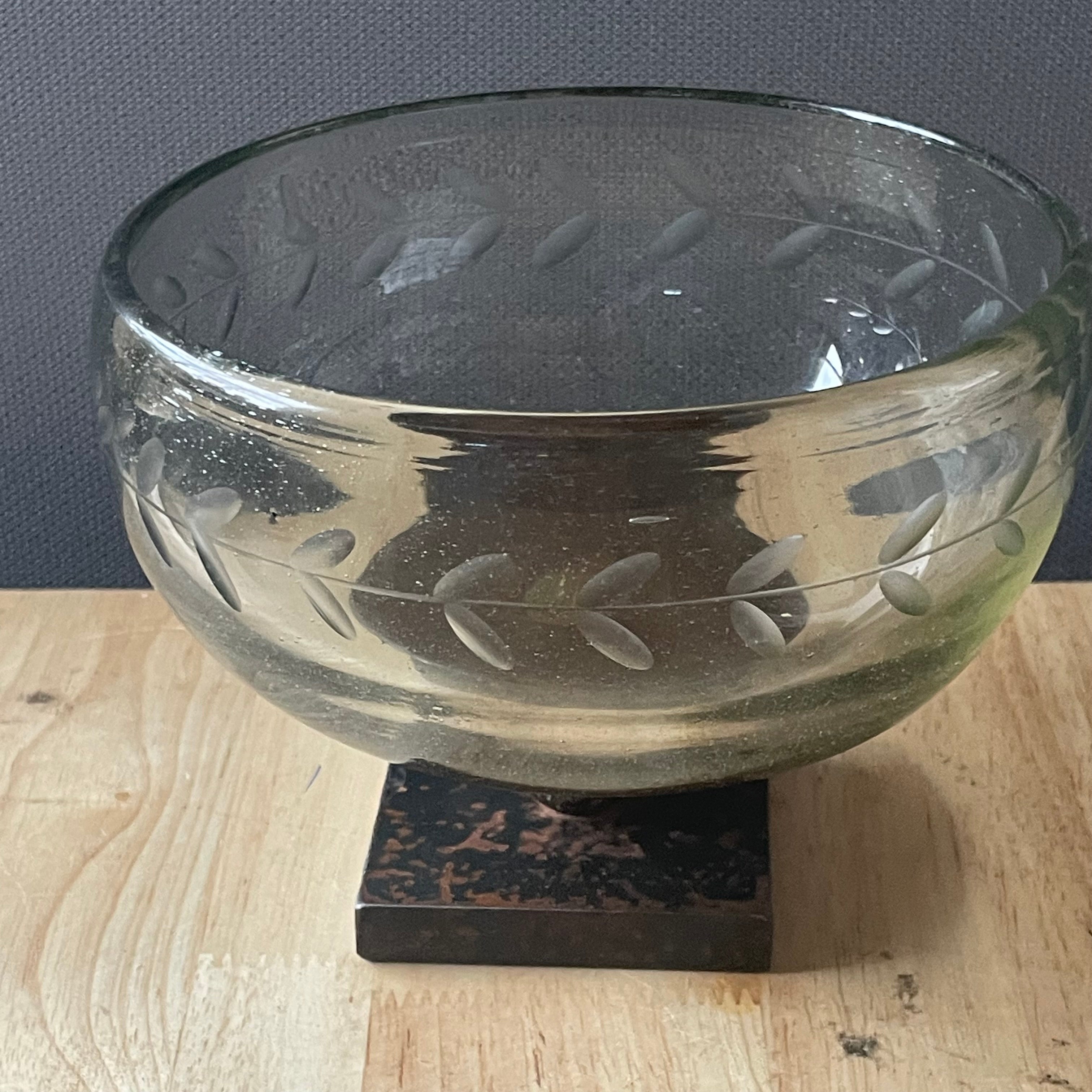 Jan Barboglio Iron Pedestal Etched Leaves,Blown Glass Chalice, 6.75"x 5"