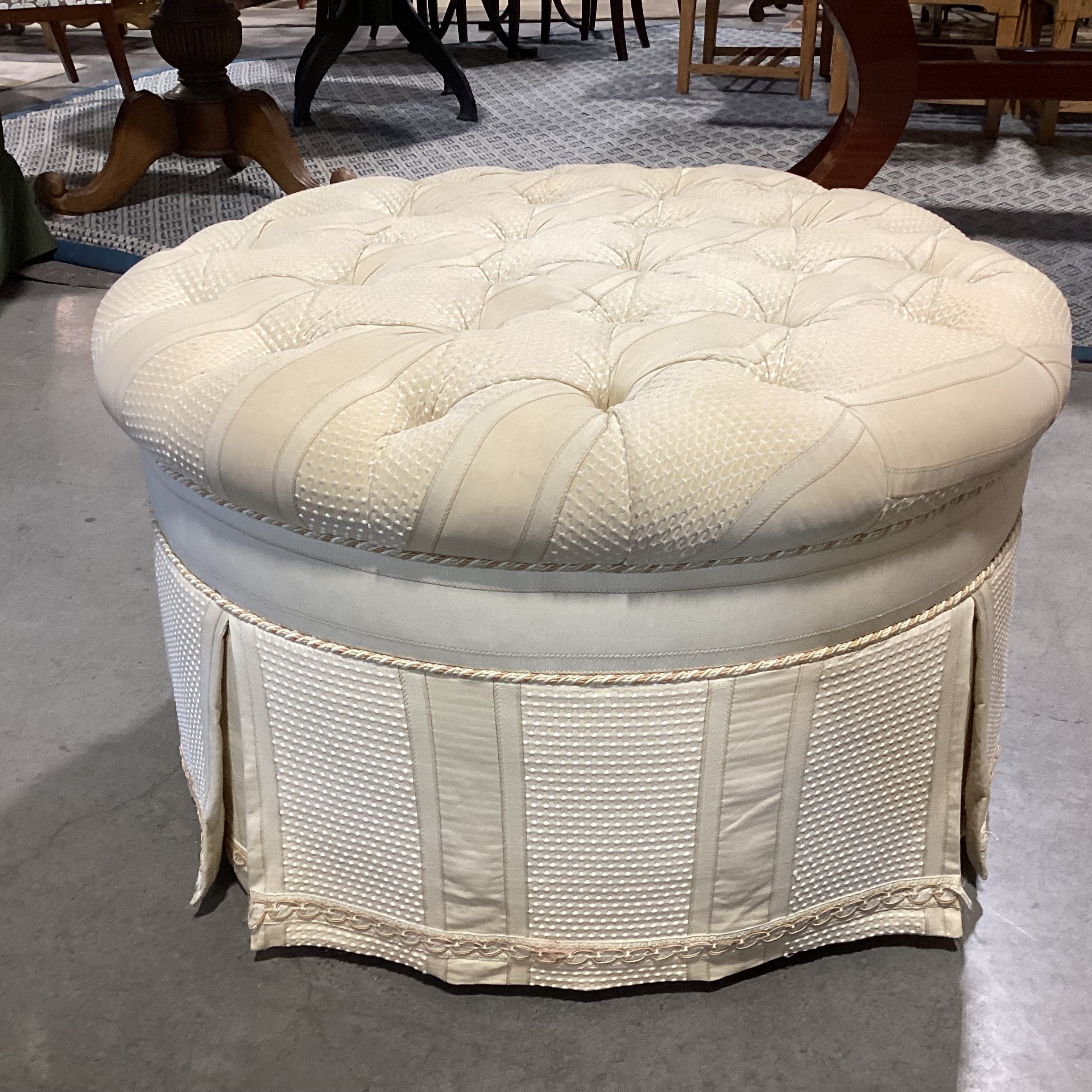 Cream Gold Pattern Ribbon Tufted Round Skirted Ottoman 34" Diameter x 20"
