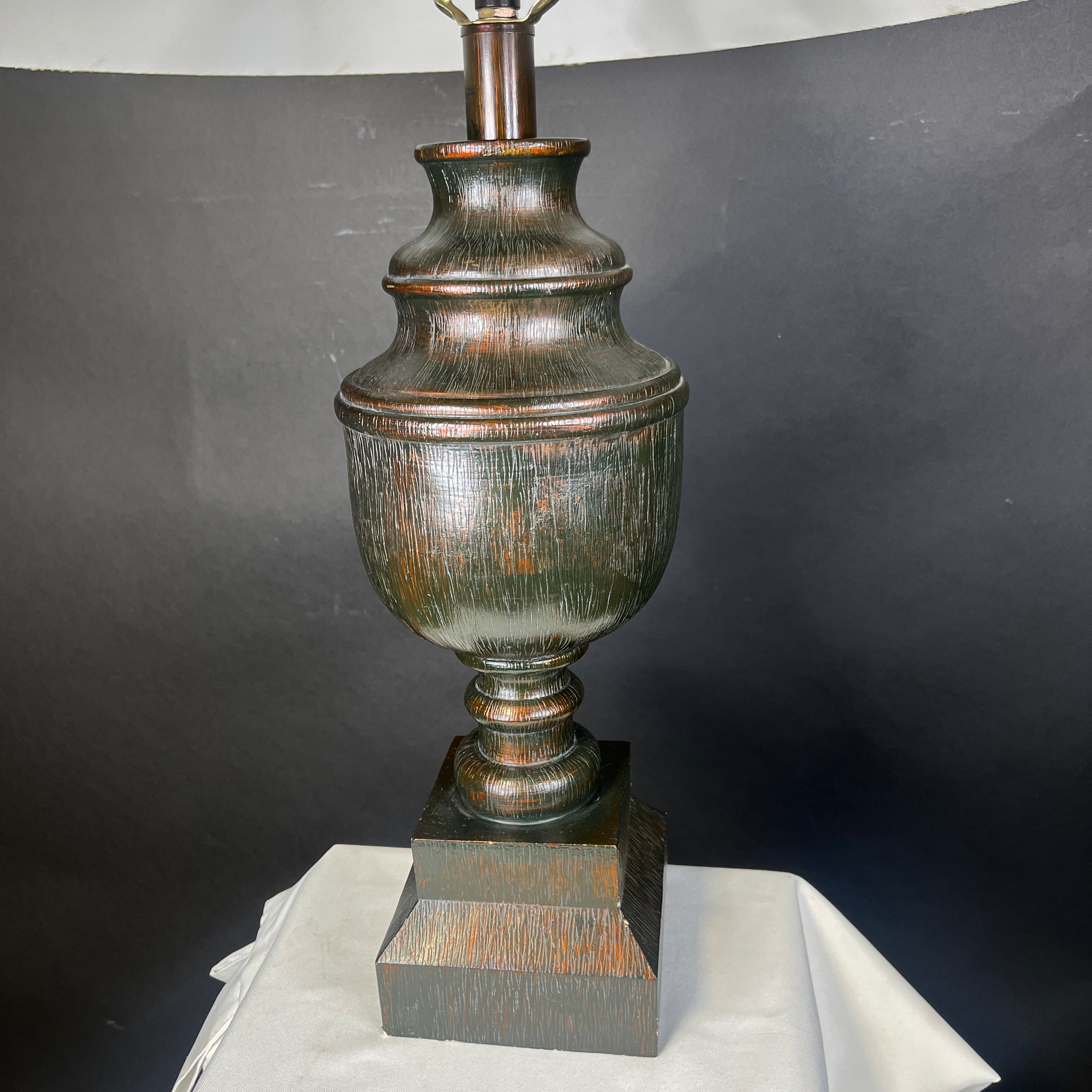 Traditional Deep Brown/Red Textured Resin Urn with Shade Table Lamp 23” Diameter @ Shade x 32”