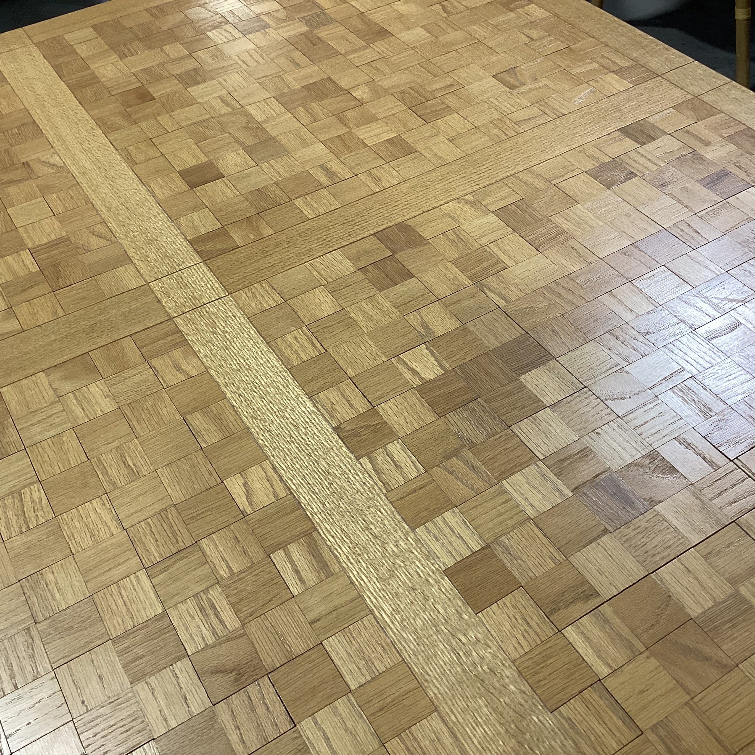 Frank Lloyd Wright Style Light Oak with Block Style Inset Dining Table 77.5"x 49.5"x 29.5"